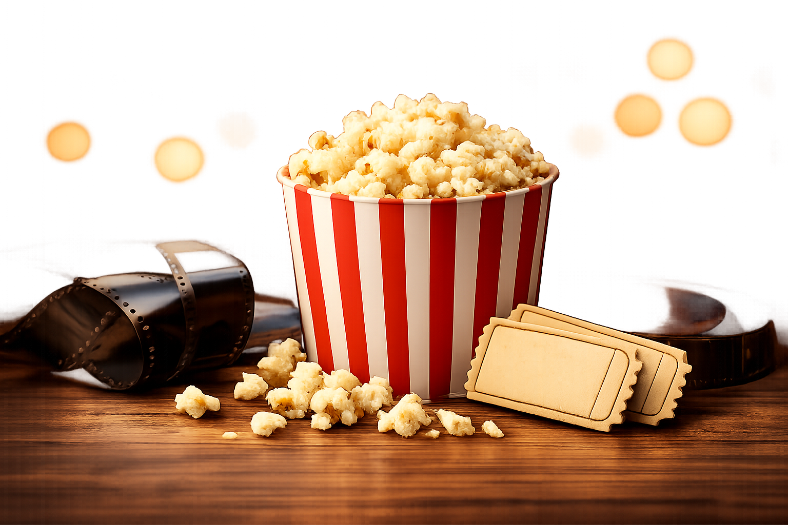 映画のフィルムとポップコーン、劇場のチケット