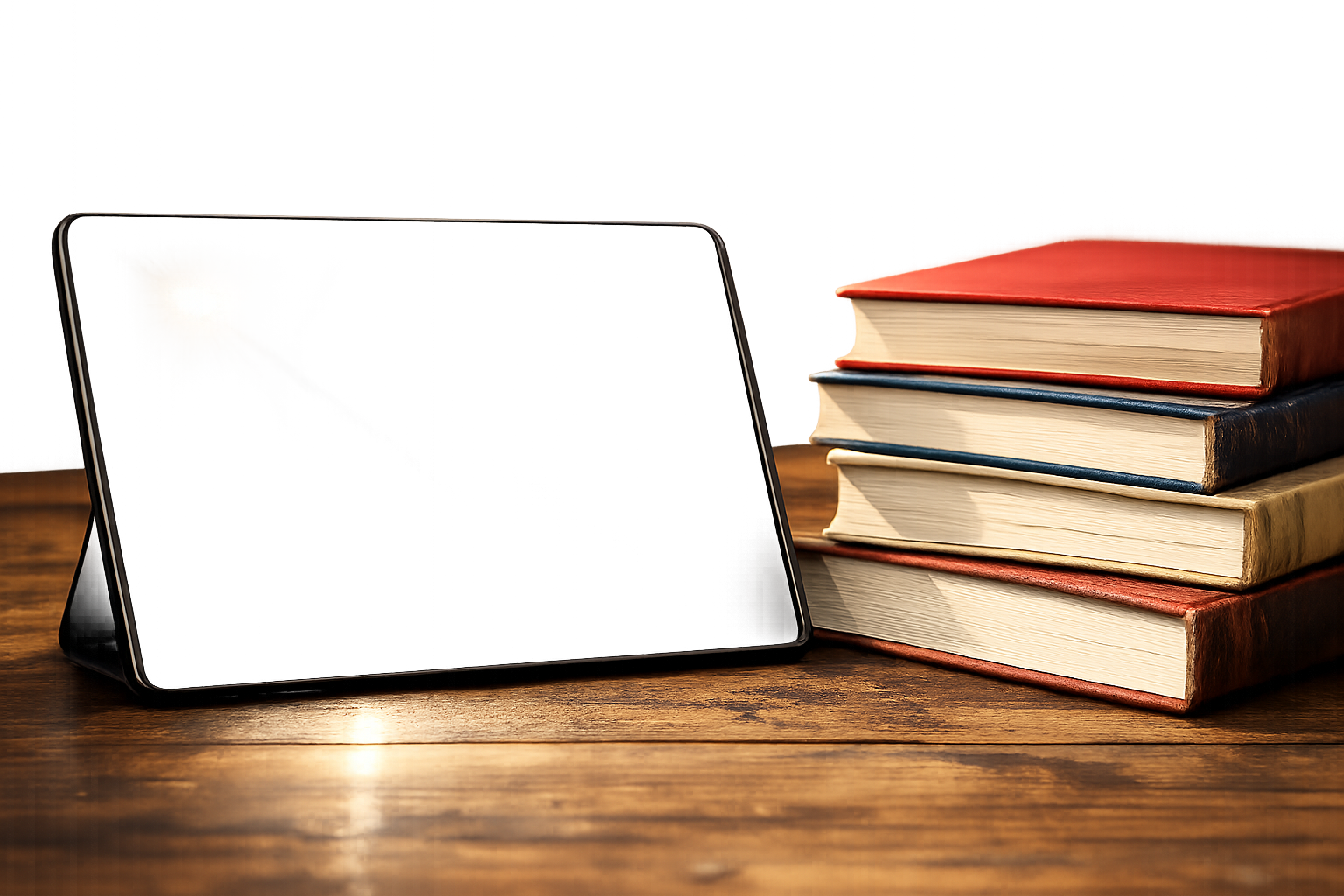 タブレット端末の画面に光が反射している様子と、その横に積まれた紙の書籍