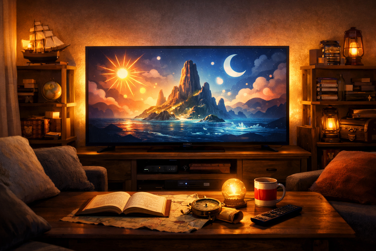 間接照明に照らされたリビングルームのテレビモニターとソファ