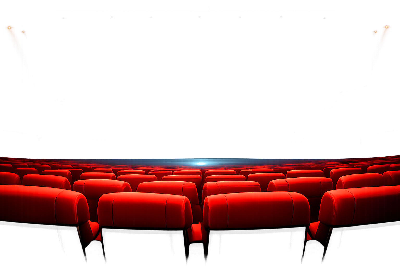 映画館の大きなスクリーンと並んだ赤い座席