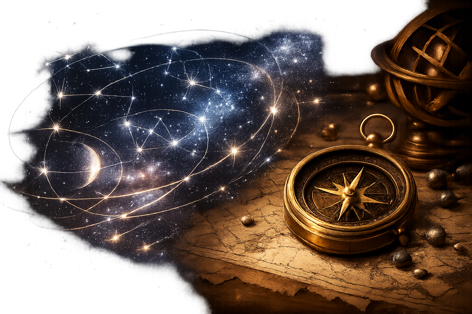 星座の軌道を描いた天体観測の図形やアンティークなコンパス