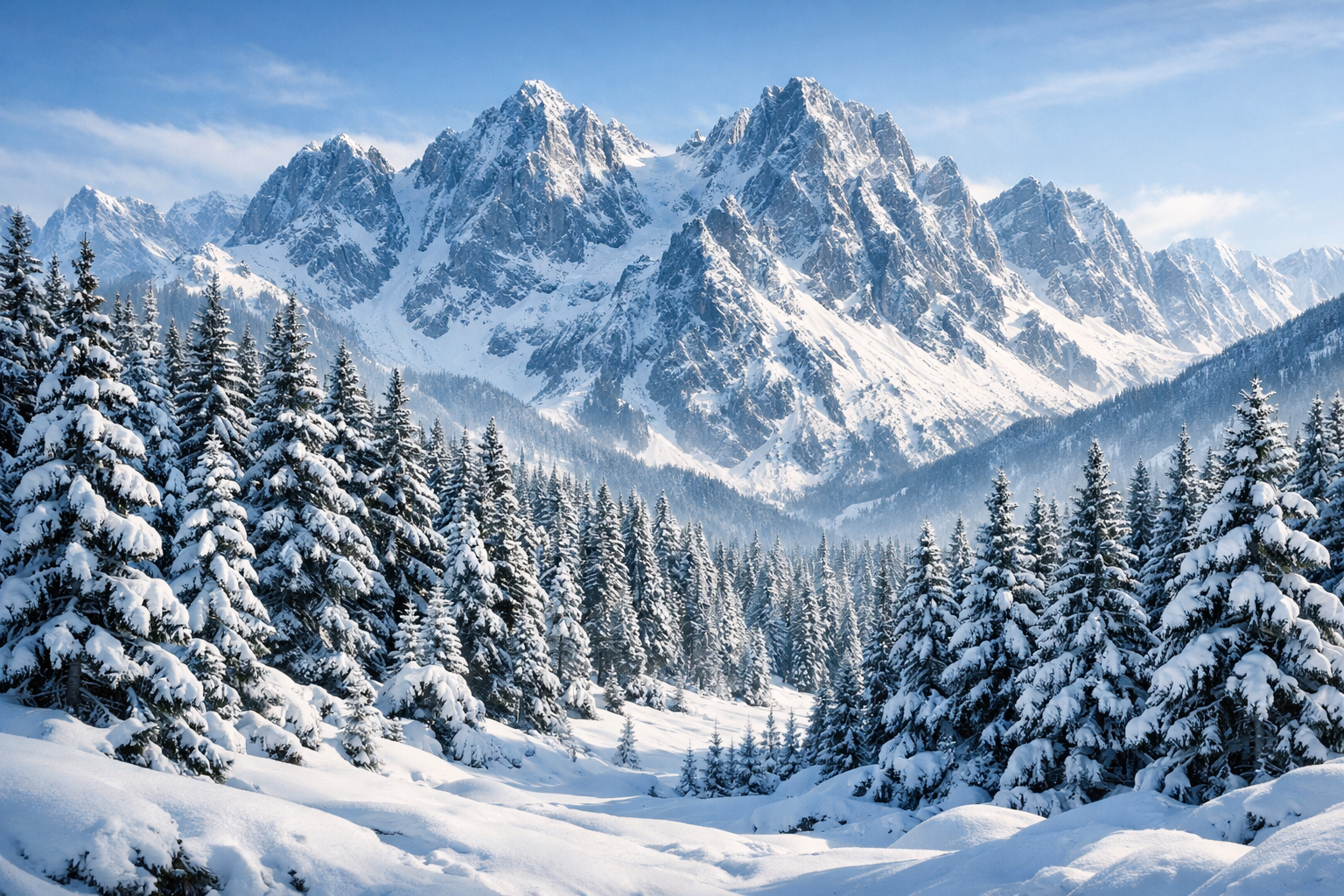 雪が深く積もった針葉樹林と、その奥にそびえ立つ険しい山脈の風景