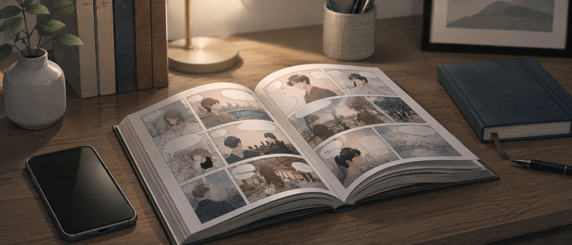 落ち着いた色合いの書斎のデスクの上に開かれて置かれた韓国Webtoonの単行本とスマートフォン