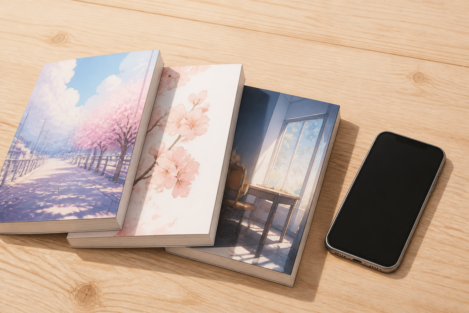 木目のテーブルの上に並べられたイラスト集とスマートフォン