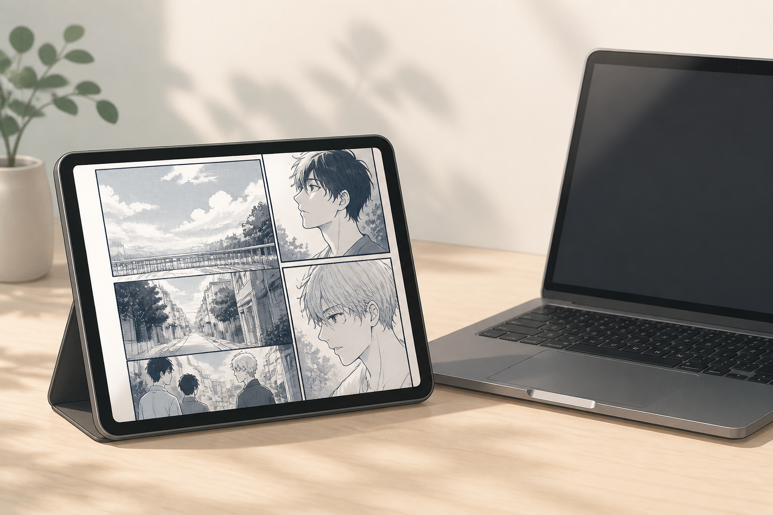 タブレット端末に表示された漫画のコマとノートパソコン