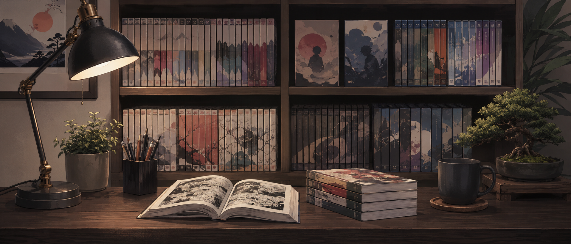 書棚に並ぶ漫画本やアニメのDVDパッケージが写ったシックで落ち着いたデスク環境の静物