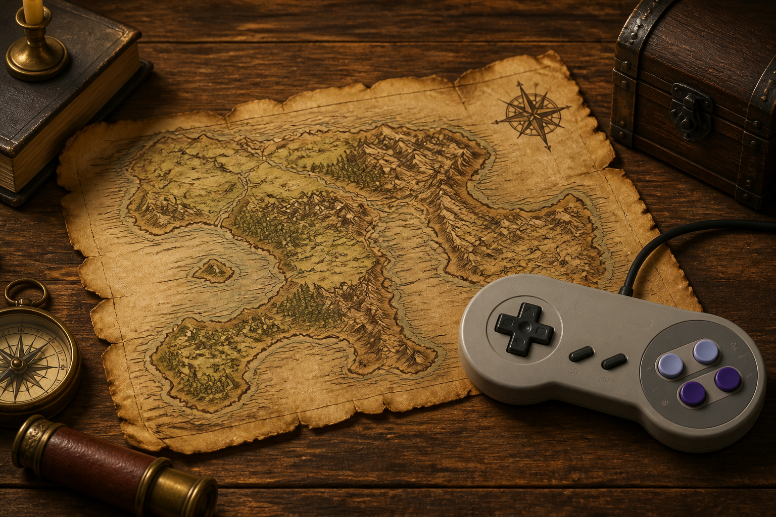 木製のテーブルの上に置かれたファンタジー風の古い地図とレトロなゲームコントローラーの静物