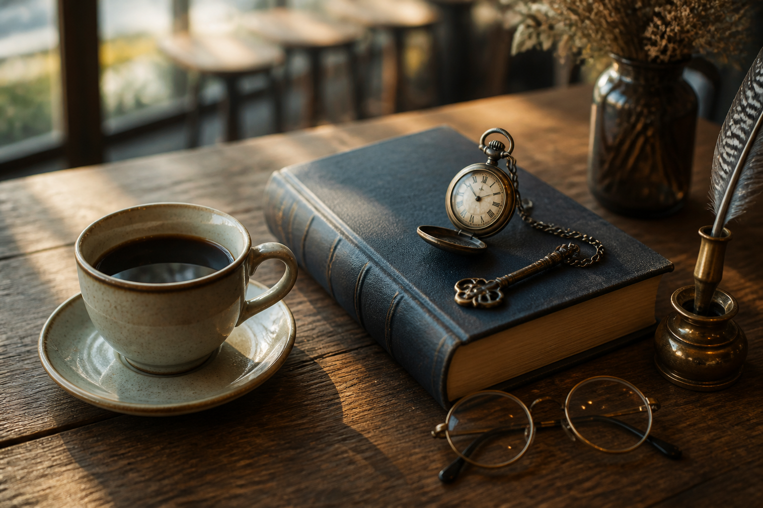 洗練されたカフェのテーブルに並ぶコーヒーカップと洋書、ヴィンテージ風のアクセサリーが置かれた静物