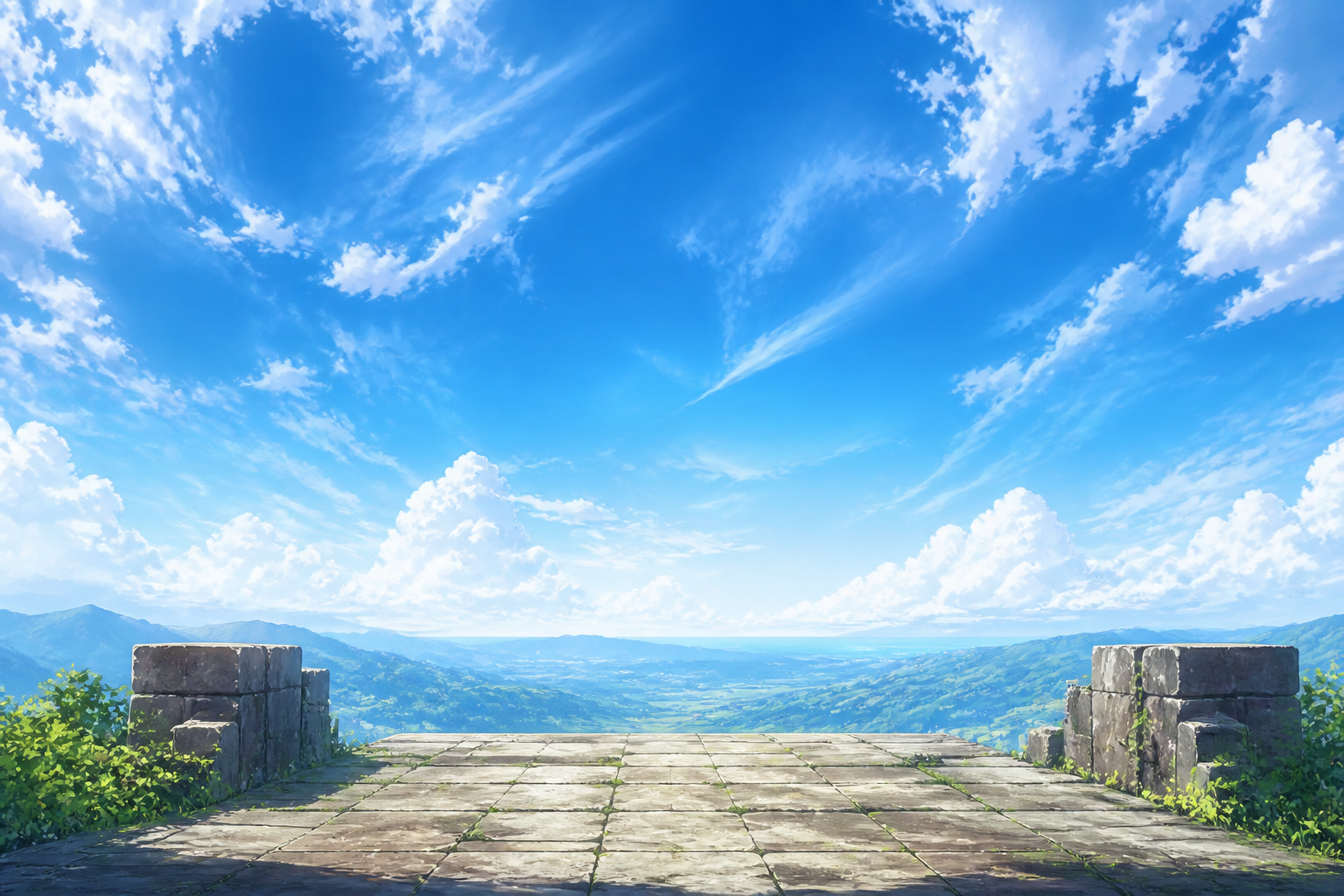 旅立ちの地に立つ主人公たちの後ろ姿と広がっていく青空