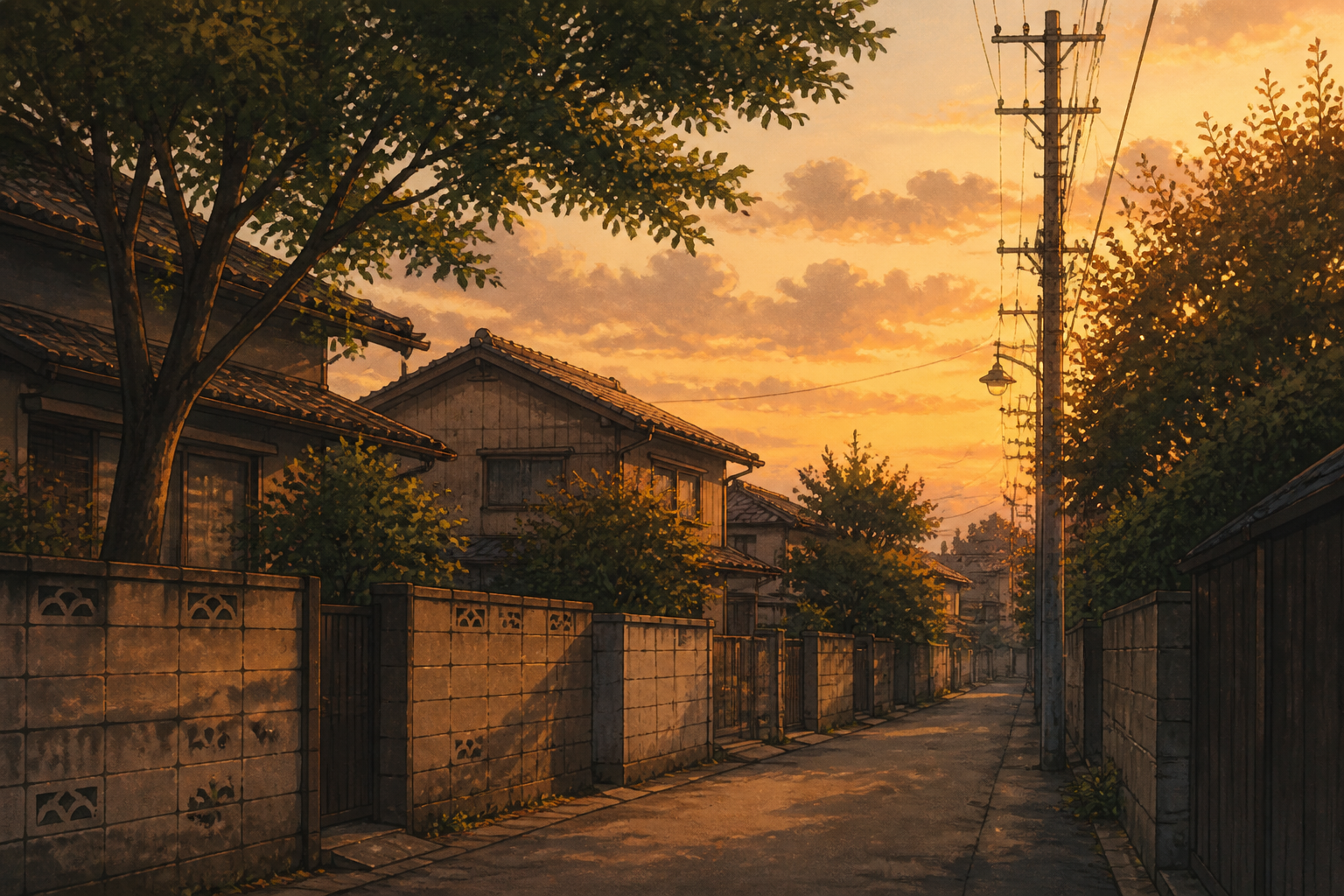 昭和の住宅街で夕暮れ時に静かに並ぶ木々や民家の風景