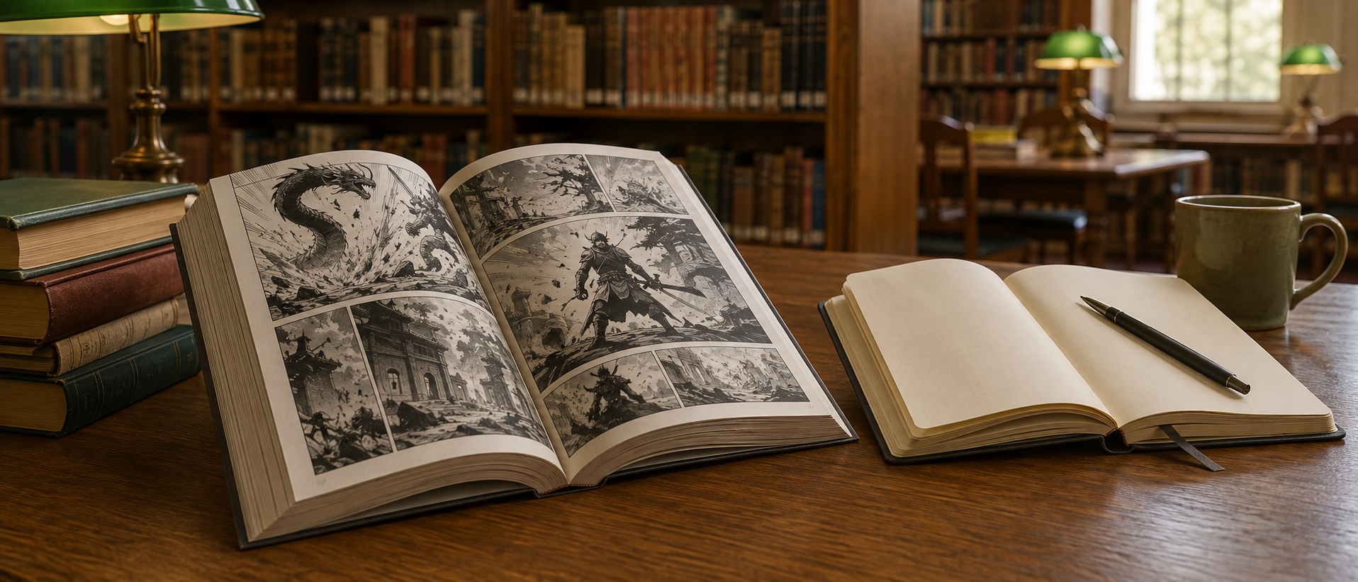 静かな図書室で開かれた漫画『シャングリラ・フロンティア』の単行本とノート