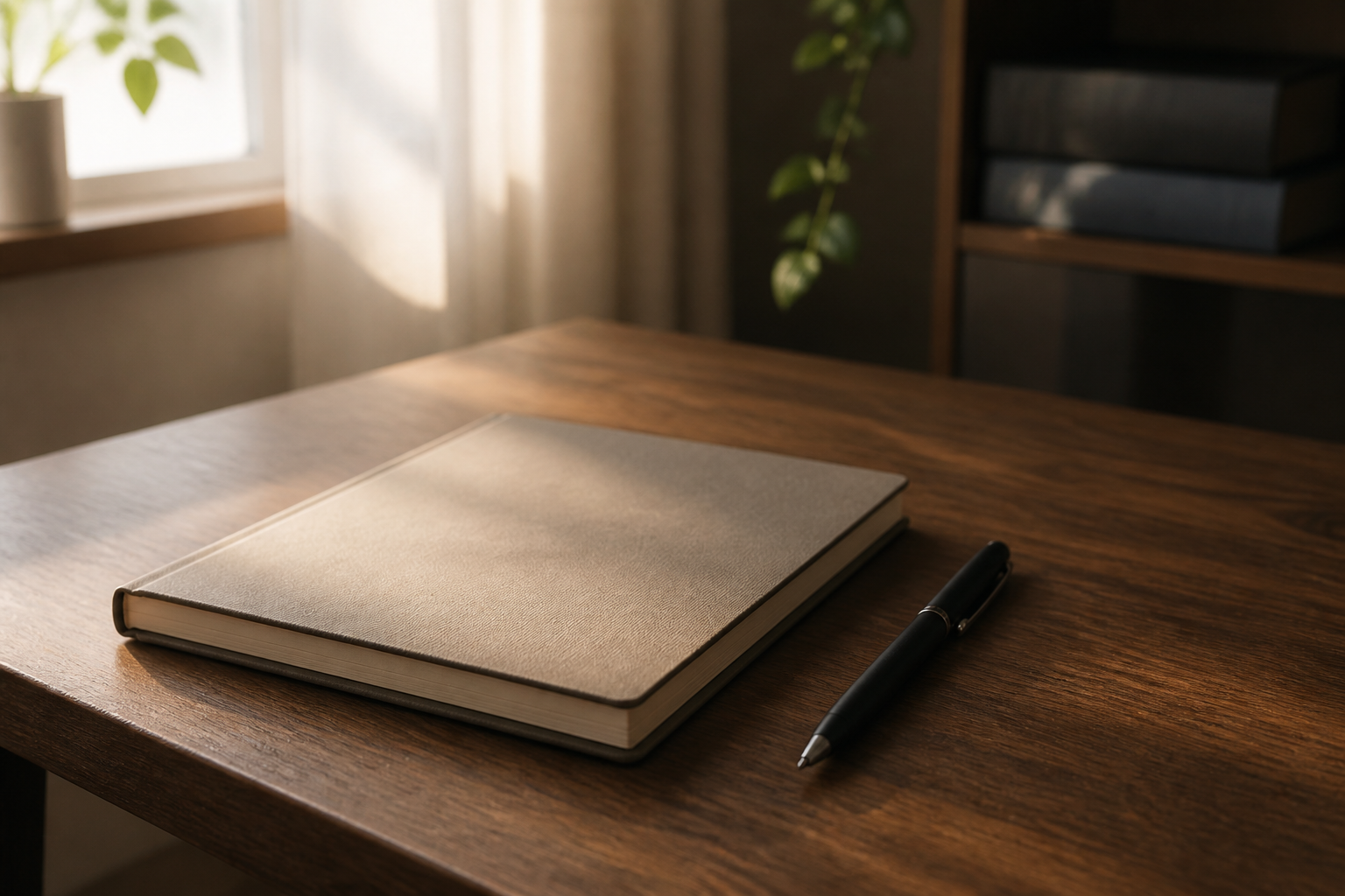 静かな部屋のデスク上に置かれたペンと一冊のノート
