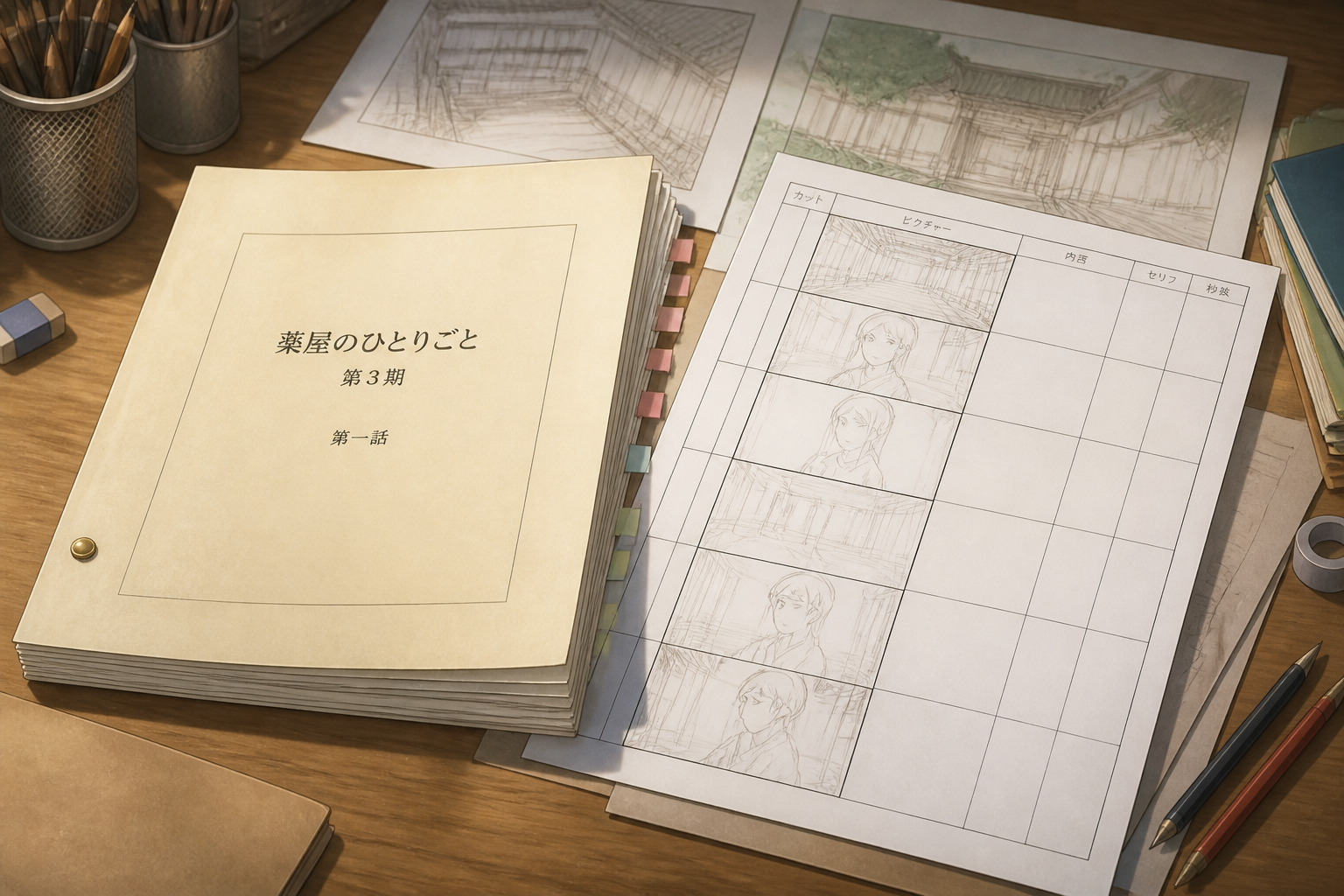アニメ制作デスクの上に置かれた台本と絵コンテの用紙