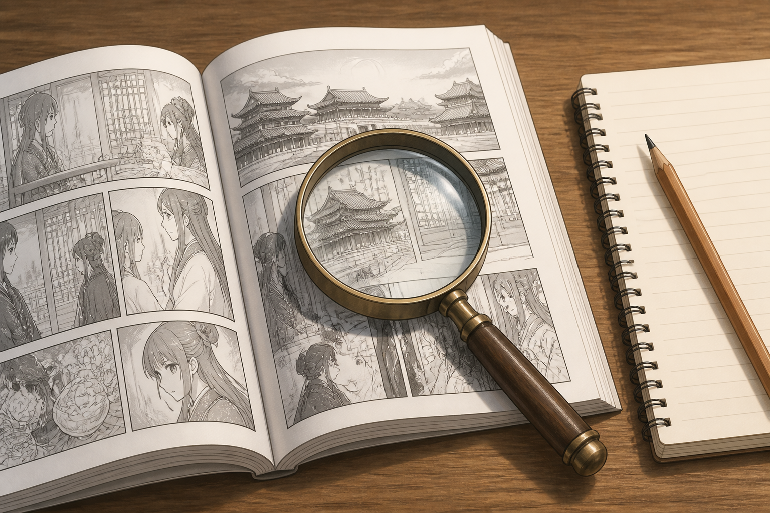 開かれた原作漫画のページと虫眼鏡、メモ帳