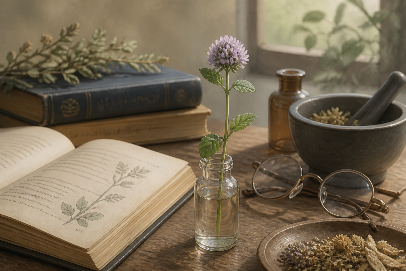 一輪の薬草の花とそれを静かに見つめる本や眼鏡などの小物