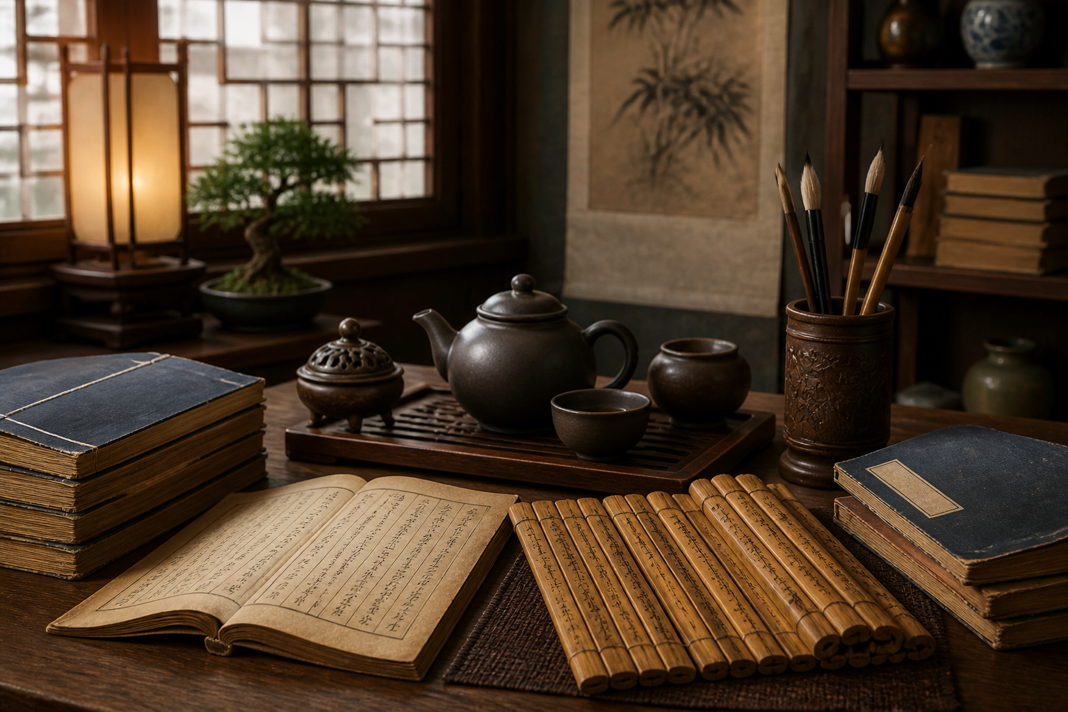 竹簡や古い書物、茶器が並ぶ中国風の落ち着いた室内