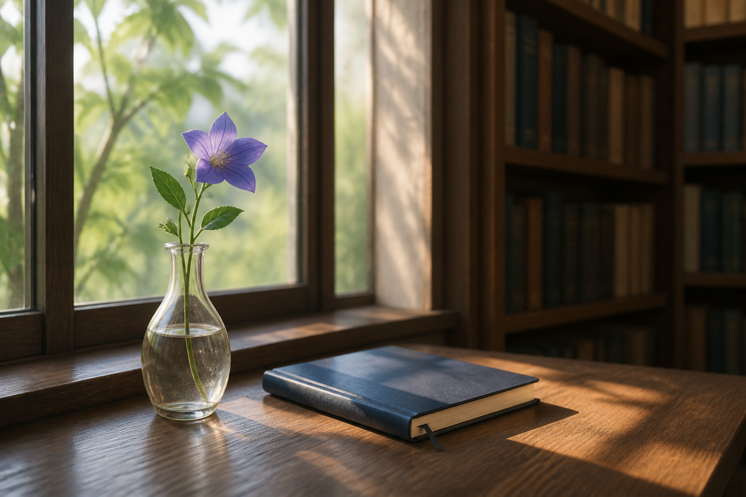 静かな図書室の窓辺に置かれた一輪挿しの花と一冊のノート