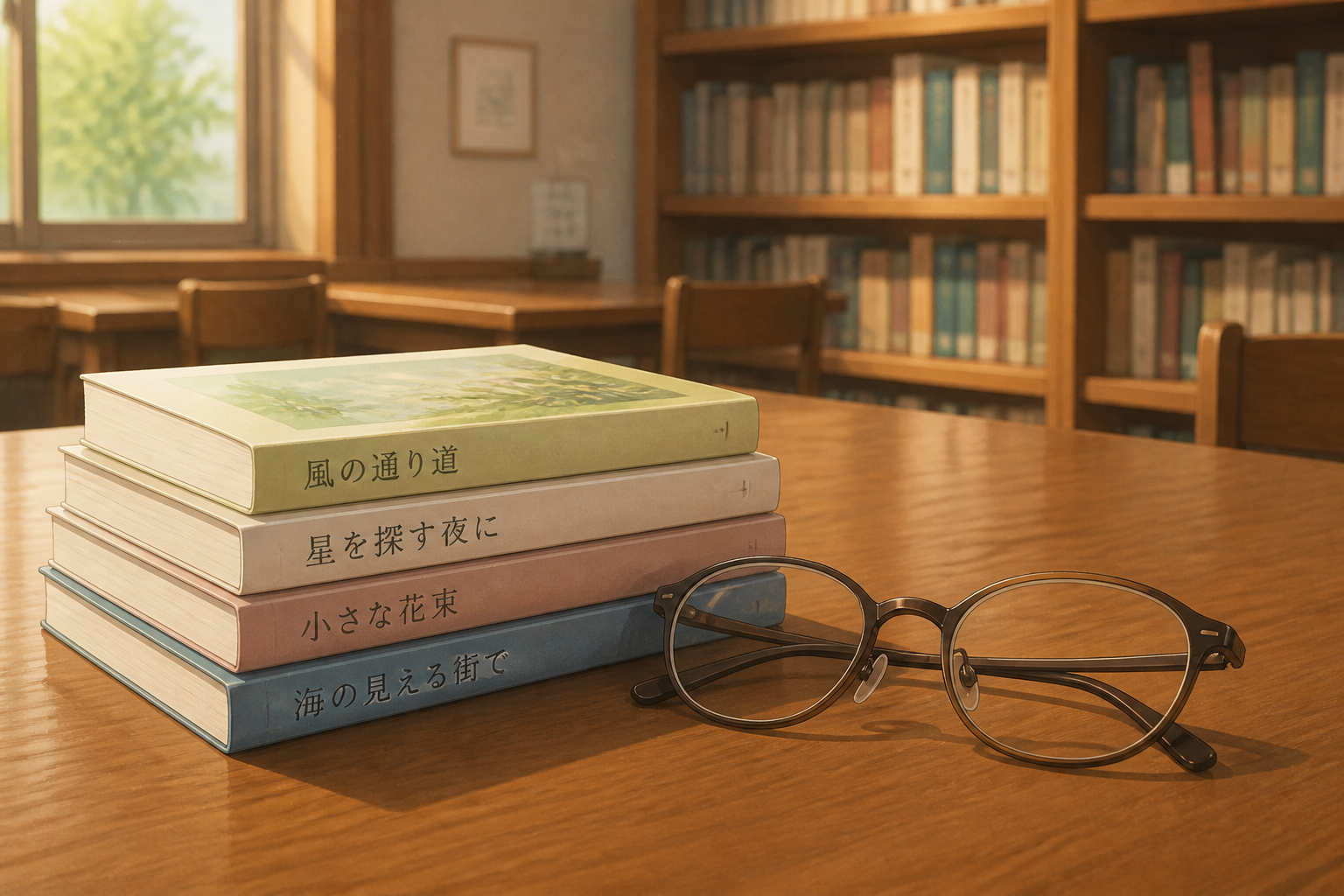 静かな図書室の机に置かれた数冊の文庫本と眼鏡
