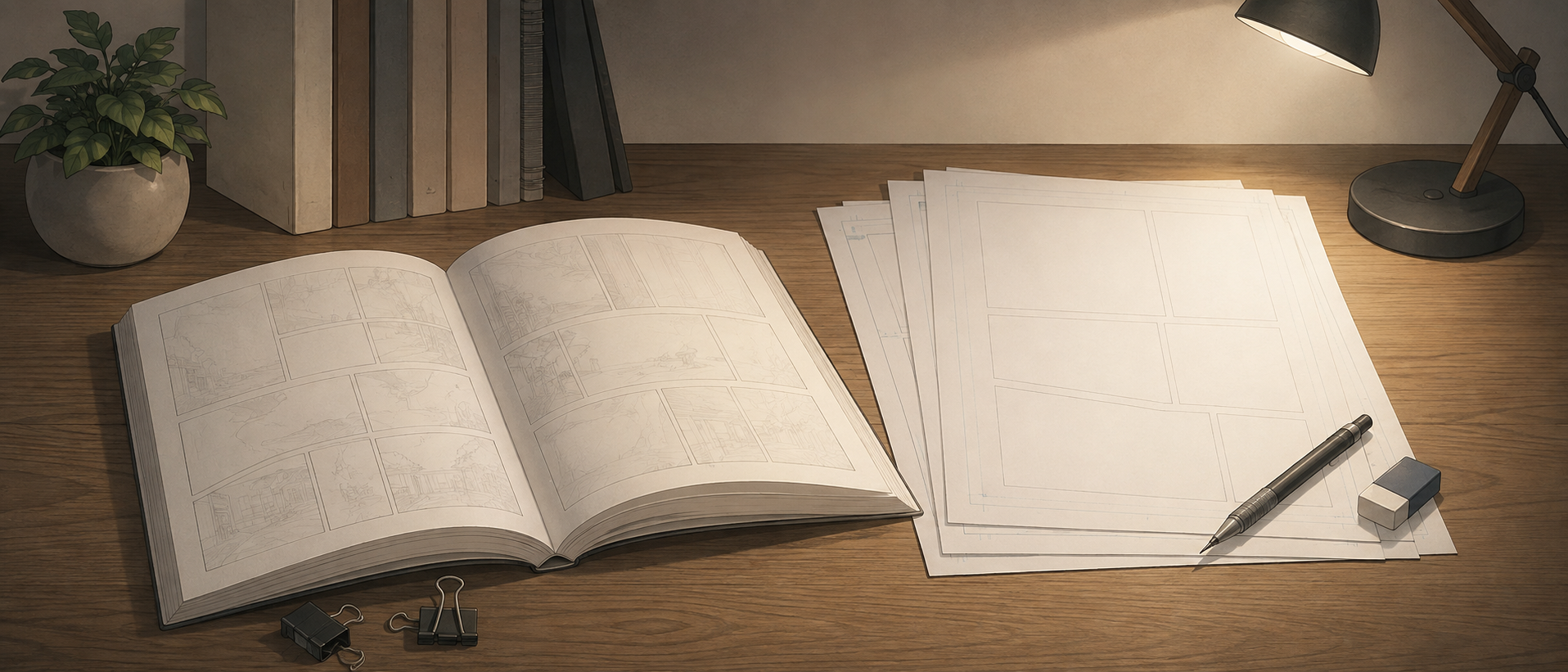 静かな部屋のデスク上に開かれた一冊の漫画本と原稿用紙