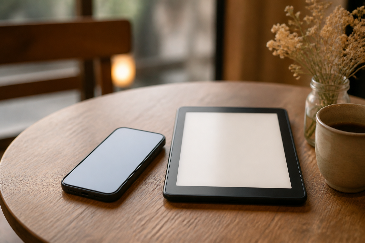 落ち着いた色合いのカフェテーブルに置かれたスマートフォンと電子書籍の画面