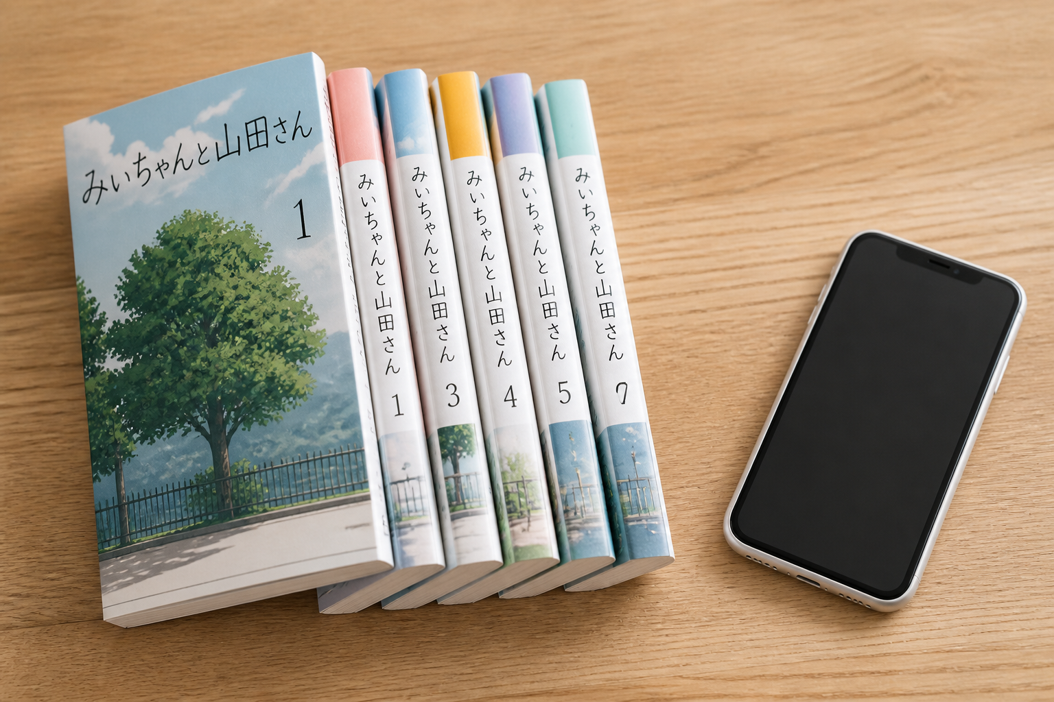 木目のデスクに並べられた漫画の単行本とスマートフォン