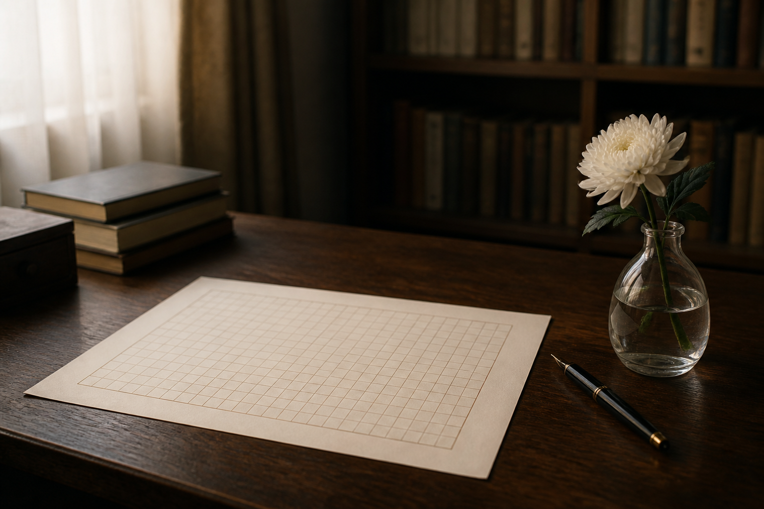 静かな書斎の机に置かれた原稿用紙と一輪の花