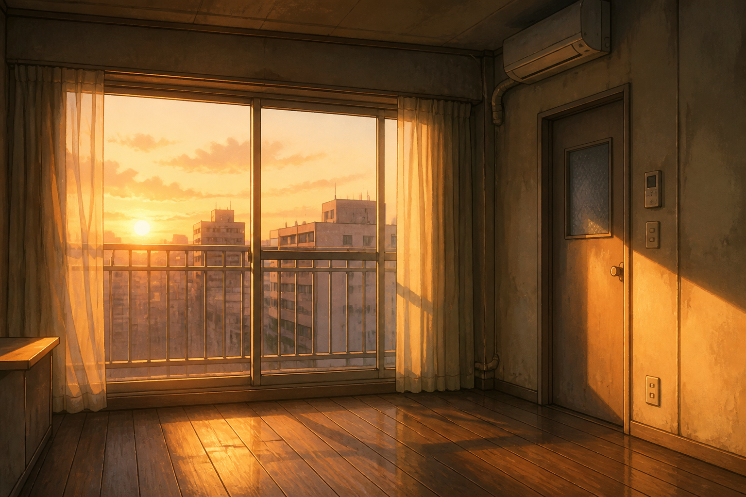 古いマンションの室内と窓から差し込む夕光が描かれた静寂な部屋のイラスト