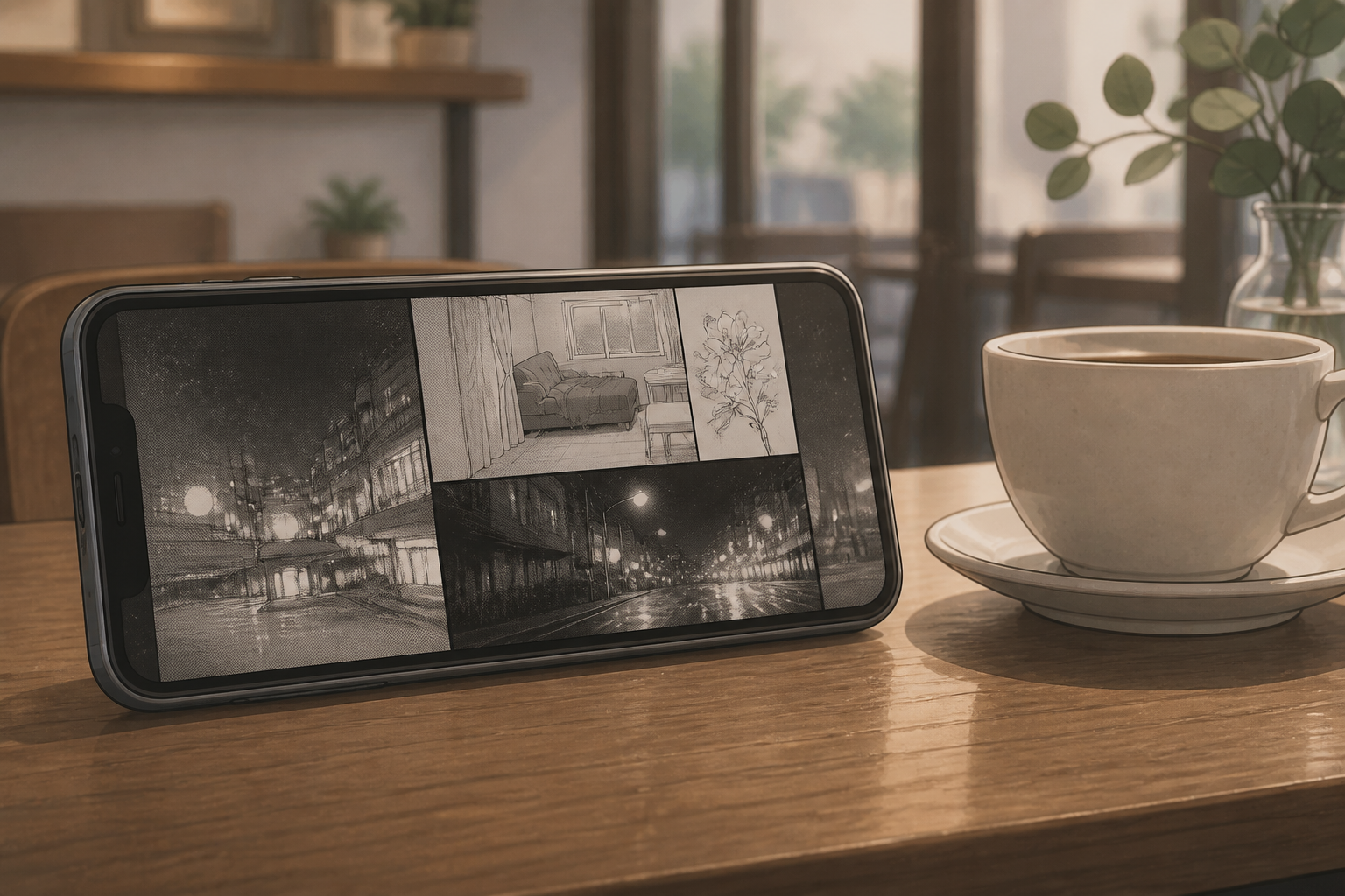 スマートフォンの画面に映し出されたマンガのコマとカフェの机が描かれた現代的なイラスト
