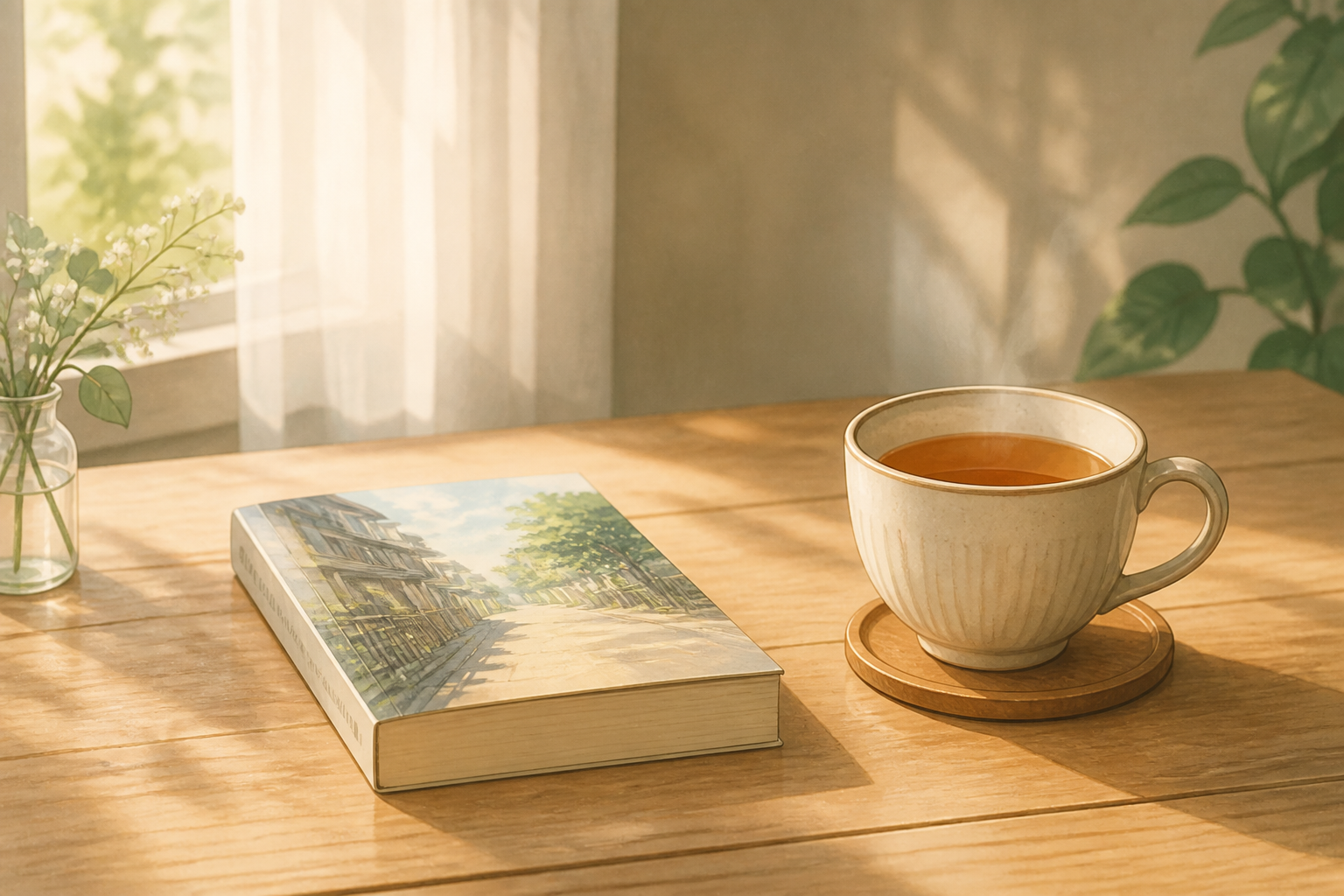 一冊の単行本と温かいお茶のカップが置かれた穏やかなテーブルのイラスト