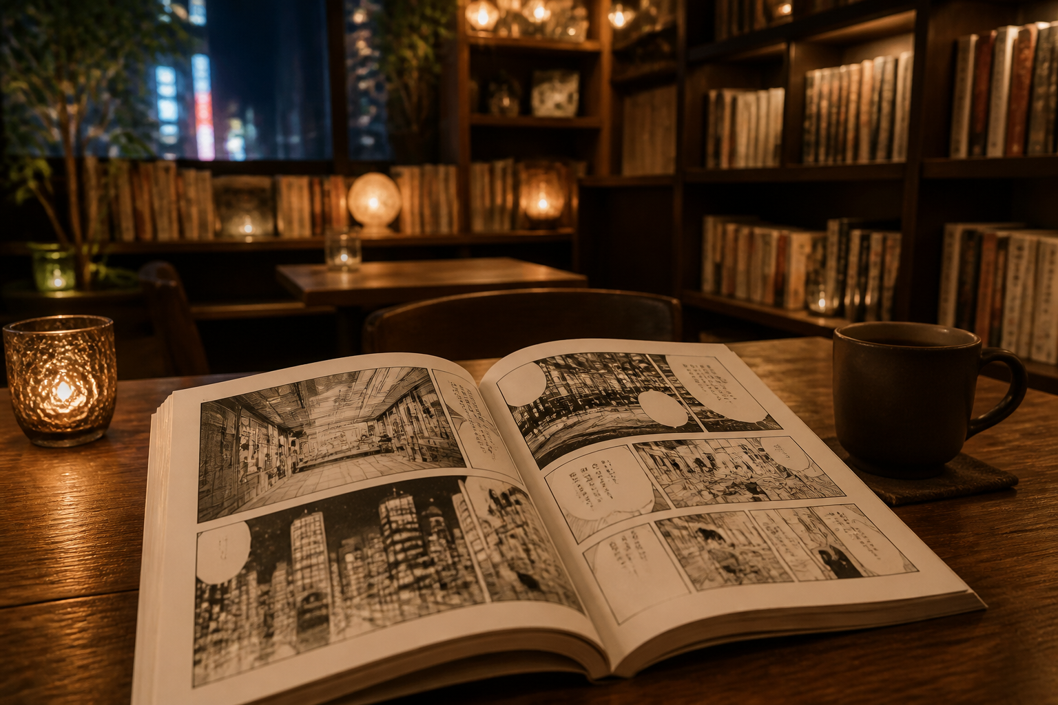 落ち着いた雰囲気のブックカフェで開かれた漫画の誌面