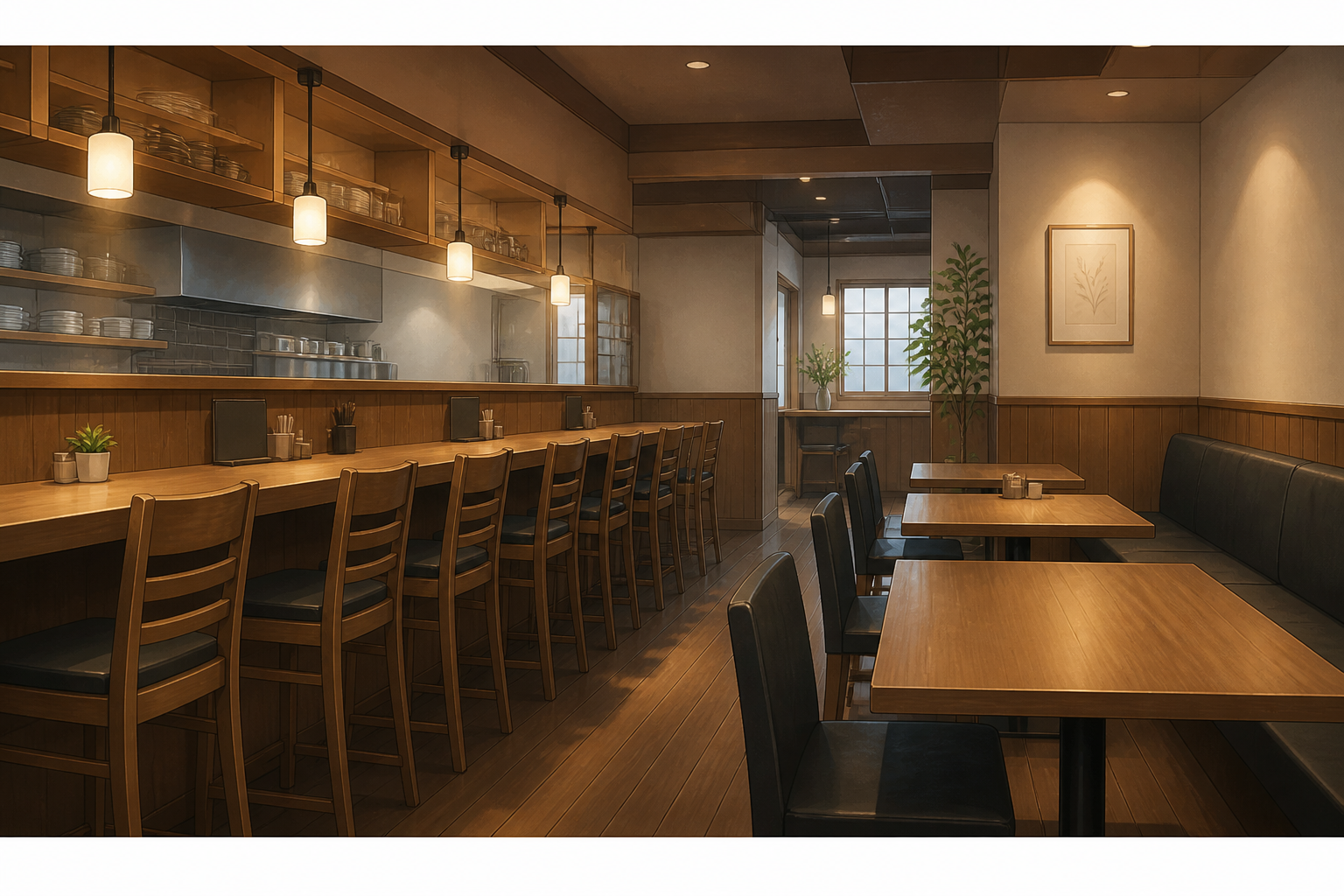 カウンター席とテーブルが整然と並ぶ落ち着いた雰囲気の店舗内観