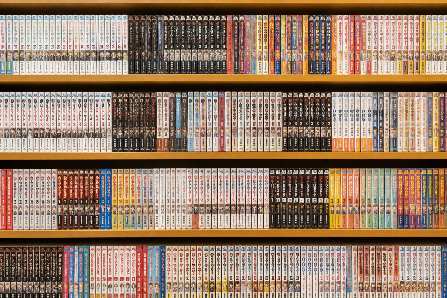 棚にコミックスが綺麗に整理されて並べられている書店の書架