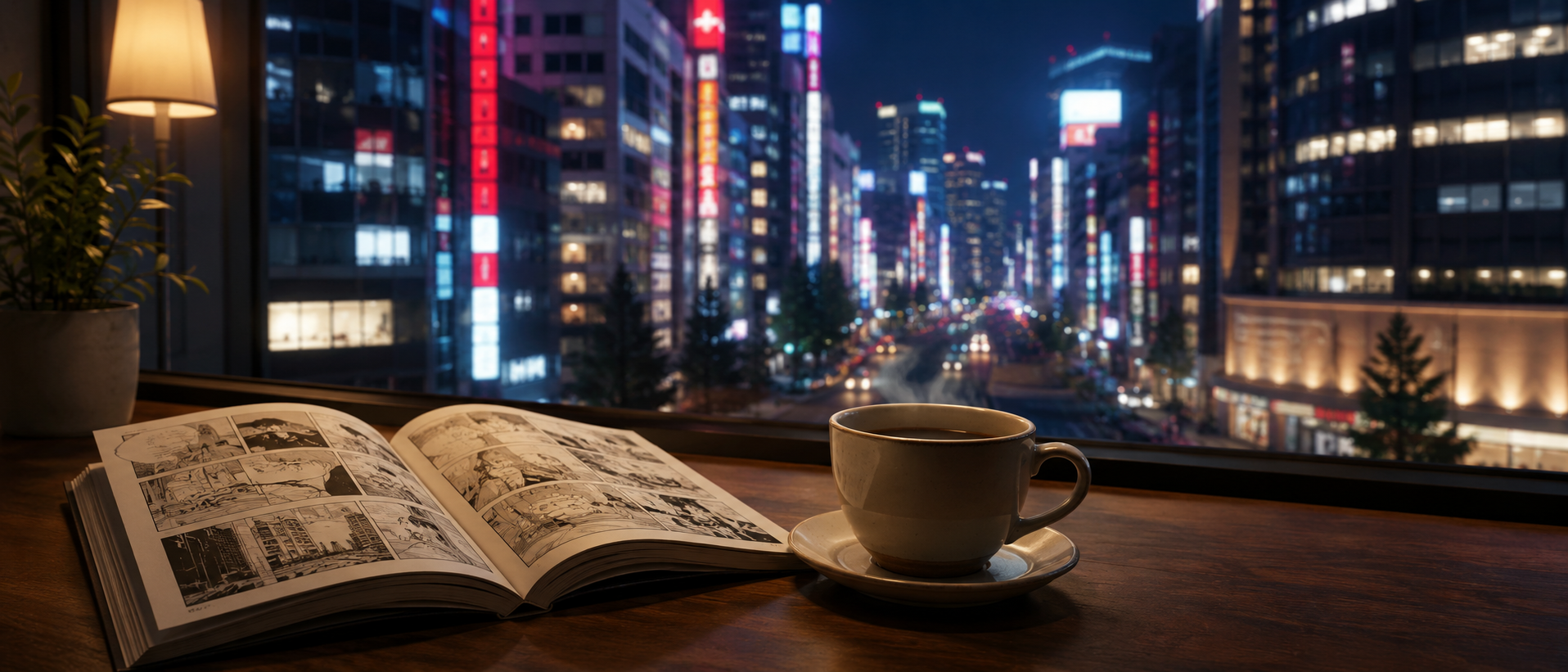 新宿の夜の街並みを背景に、開かれた一冊の漫画本とコーヒーカップが置かれた静物構図