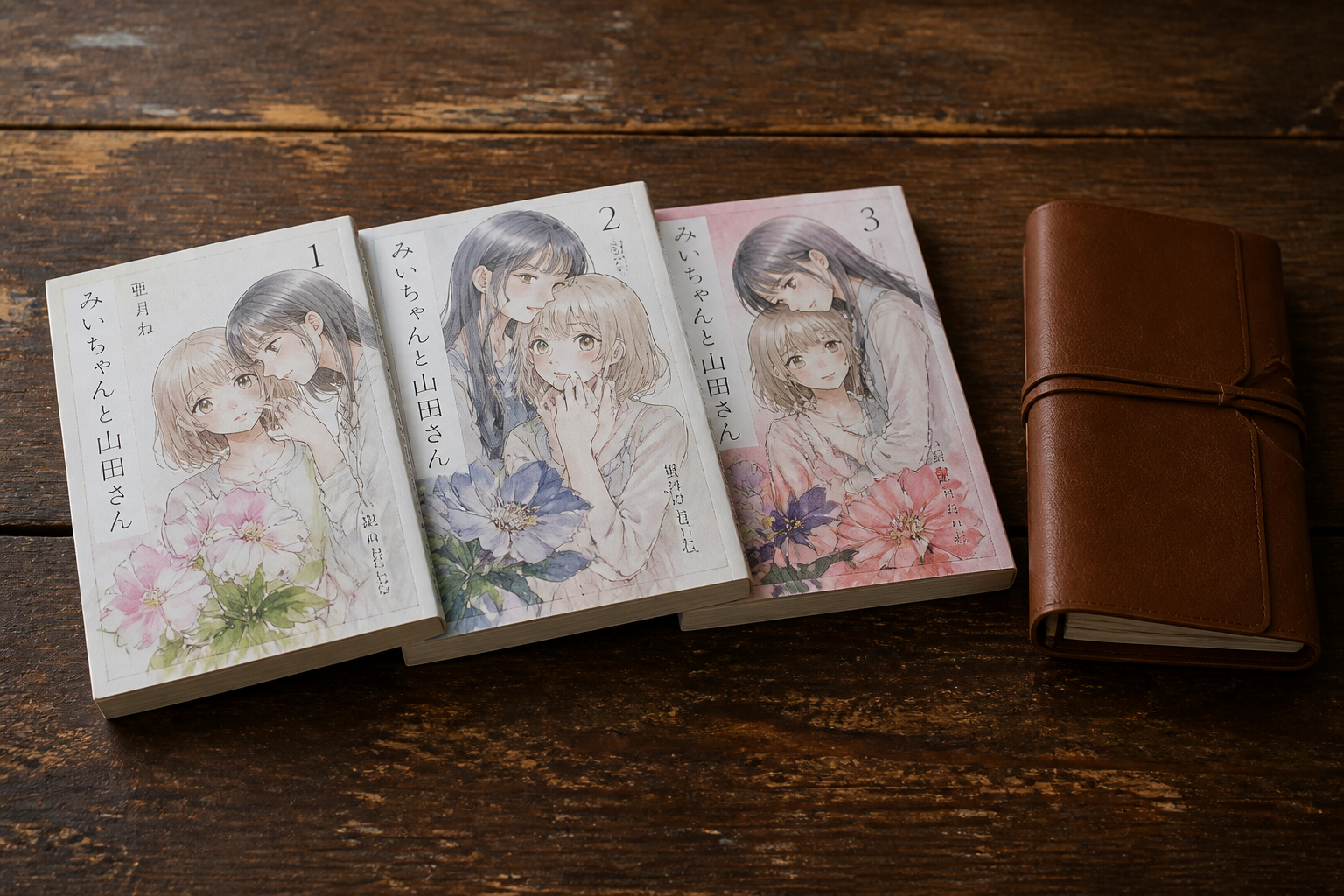 古い木製のテーブルの上に置かれた1巻から3巻までの漫画本と手帳