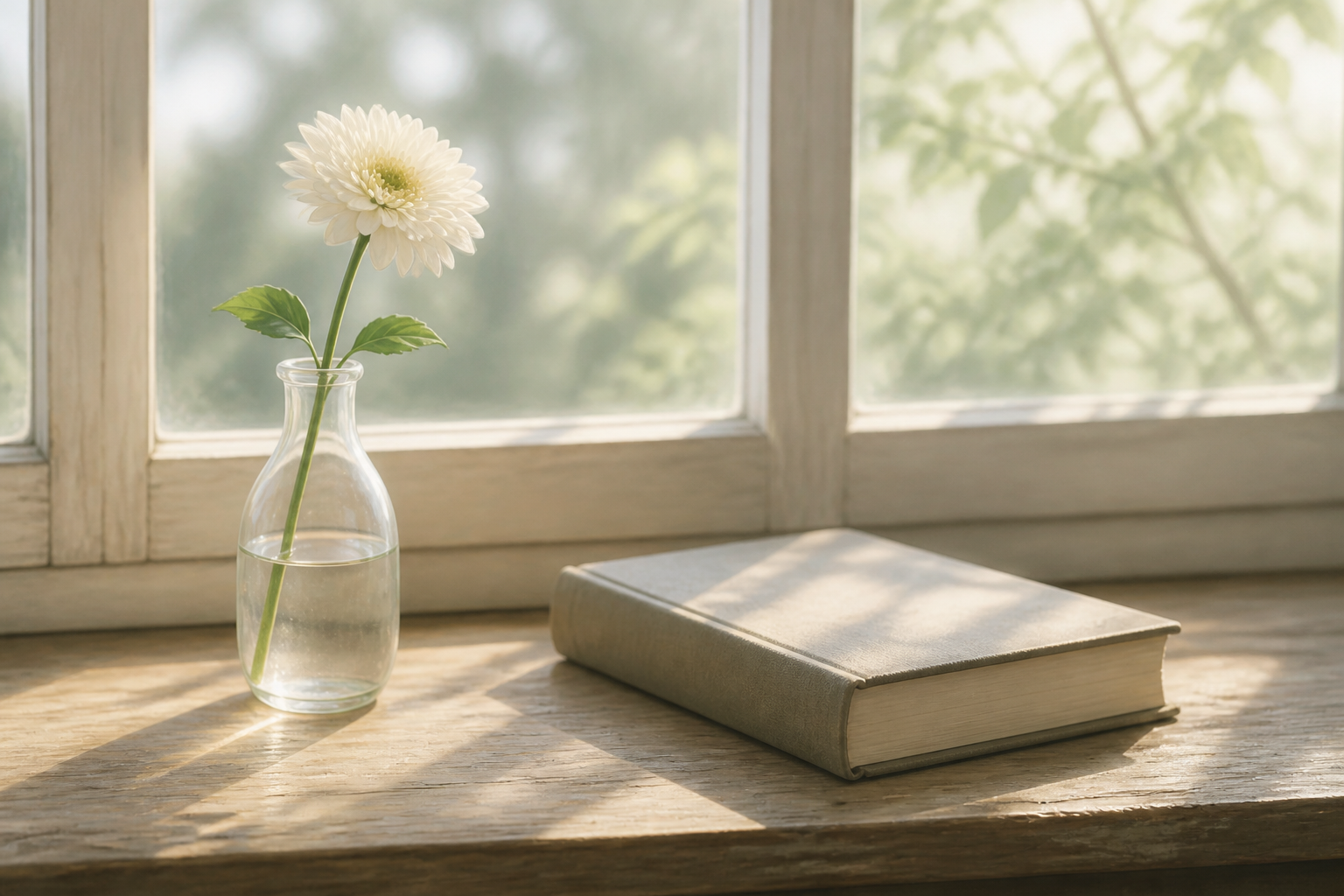 一輪の花が飾られた窓辺と、静かに閉じられた一冊の単行本の構図