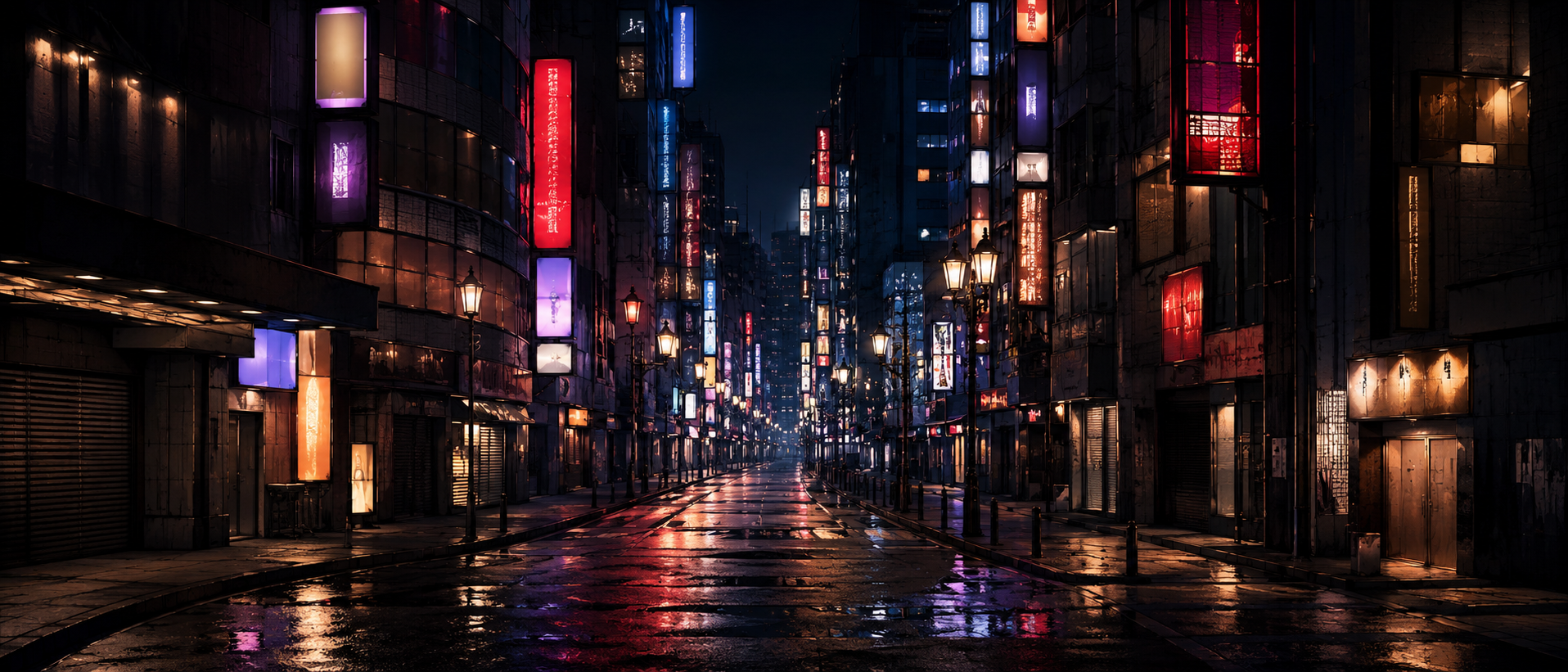 夜の新宿歌舞伎町の街並みとネオン街を捉えた静物写真