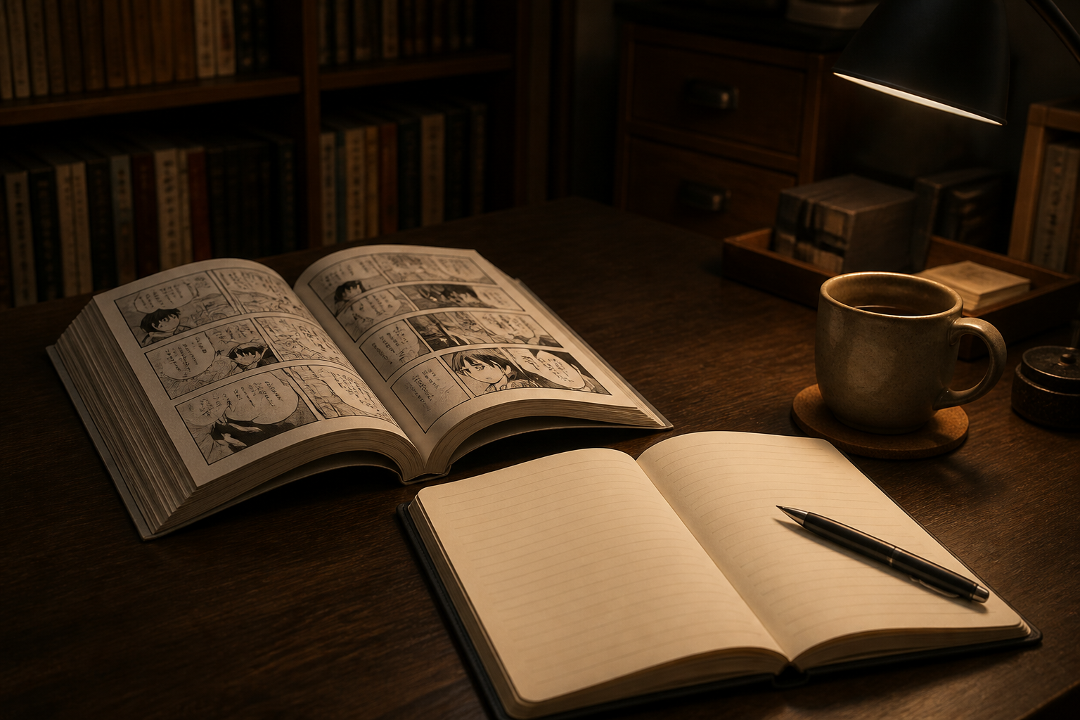 落ち着いた雰囲気の書斎に置かれた開いた状態の漫画雑誌とノート