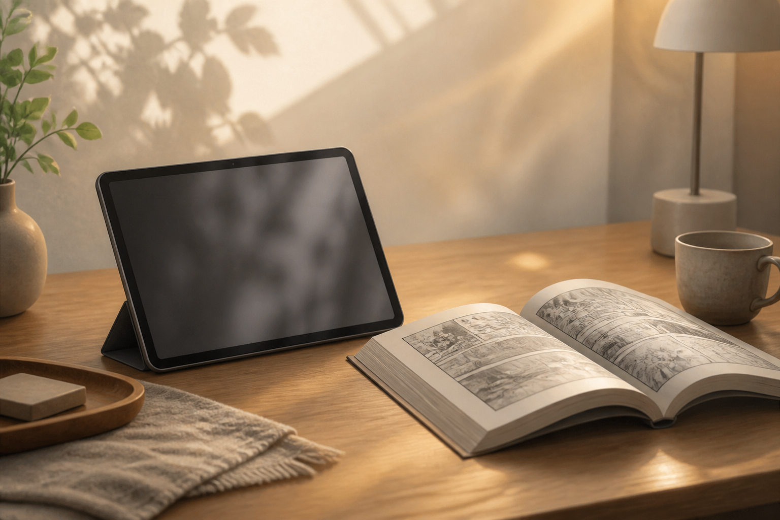 視聴用のタブレット端末と、その傍らに開かれた状態のコミックスが置かれている落ち着いた雰囲気のデスク環境