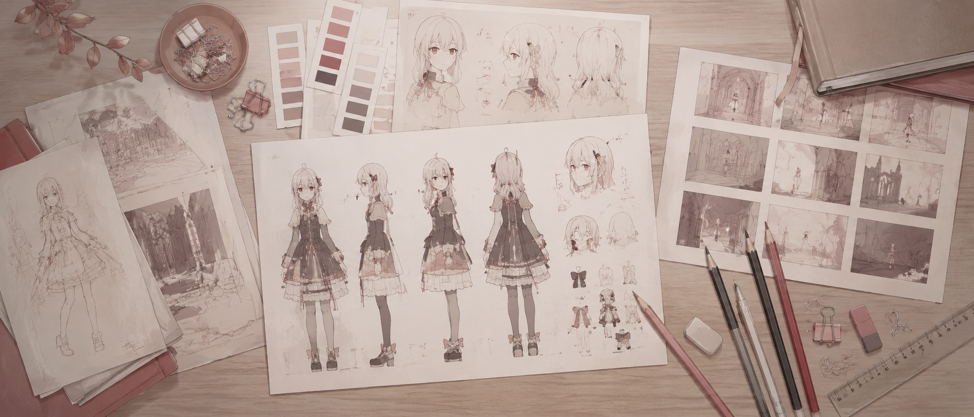 アニメ作品の資料やキャラクターの設定画が並べられたデスクの俯瞰風景