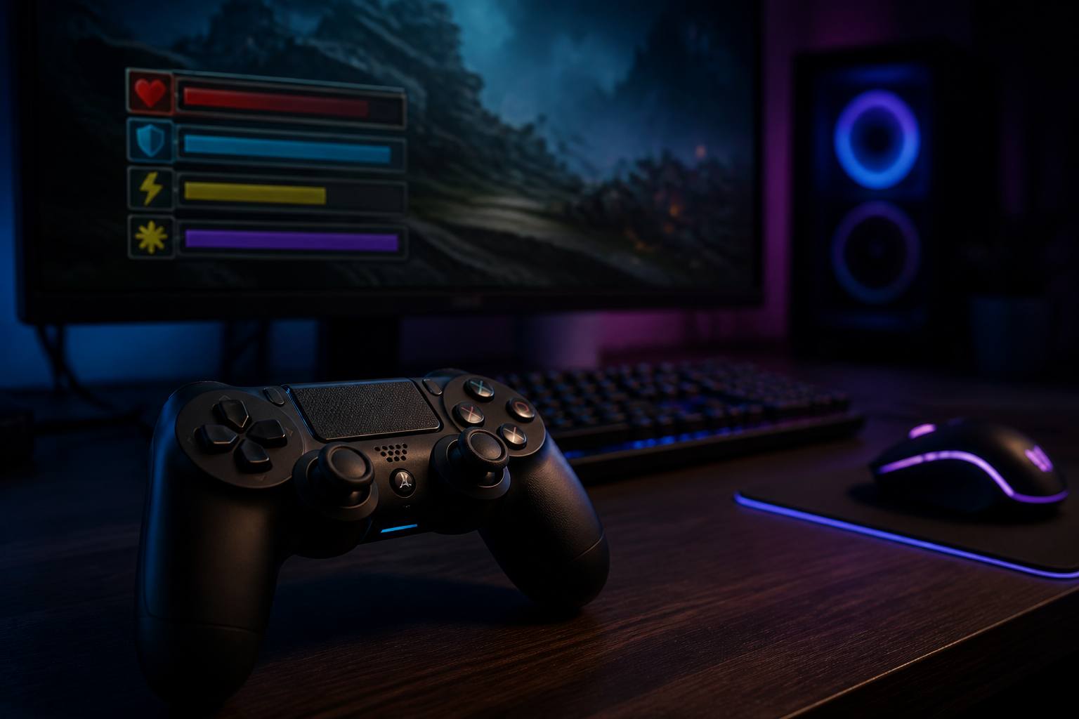 ゲームのコントローラーと画面のステータス表示が映り込むゲーミングデスク