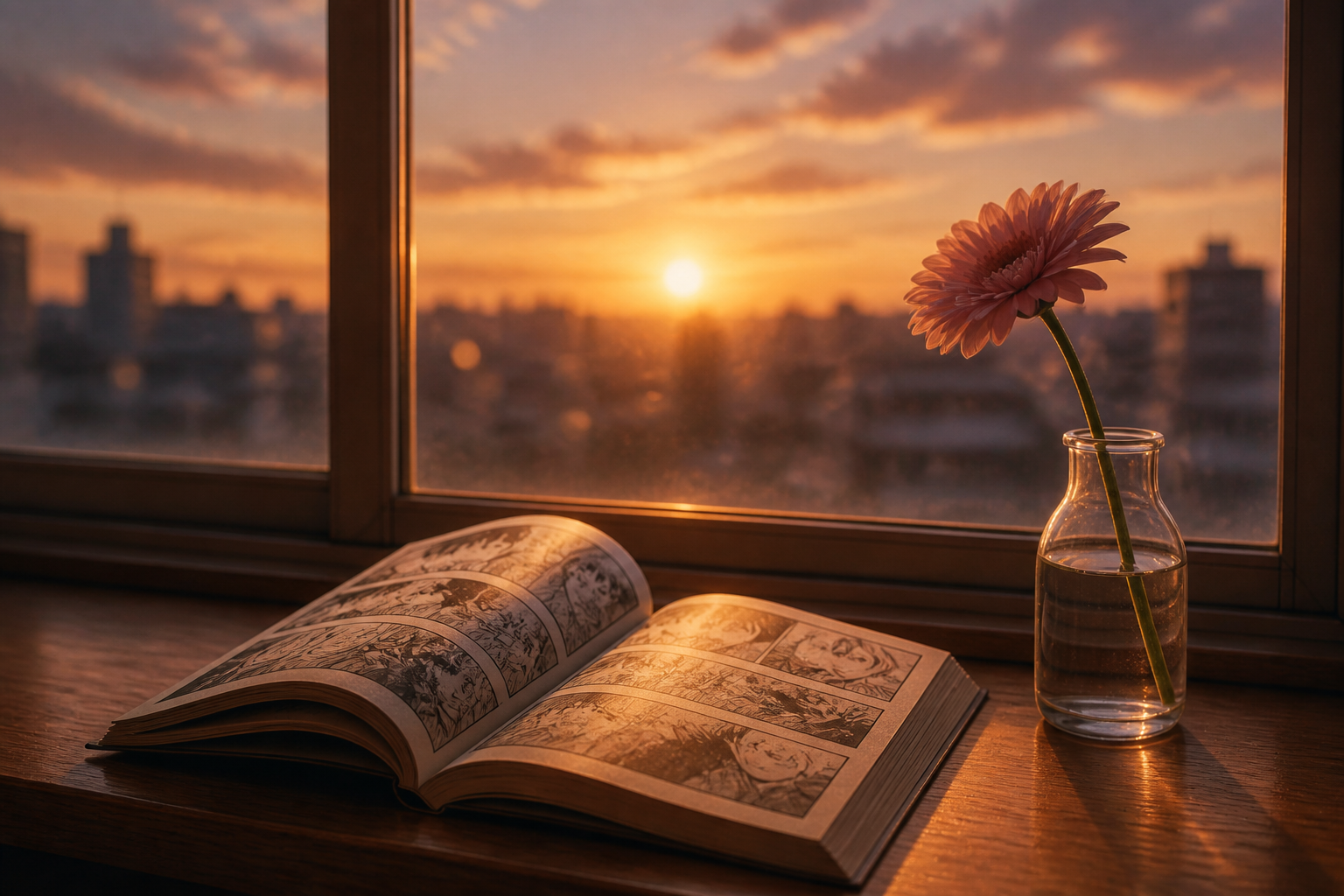 夕暮れ時の窓辺に置かれた一輪の花と読みかけのコミックス