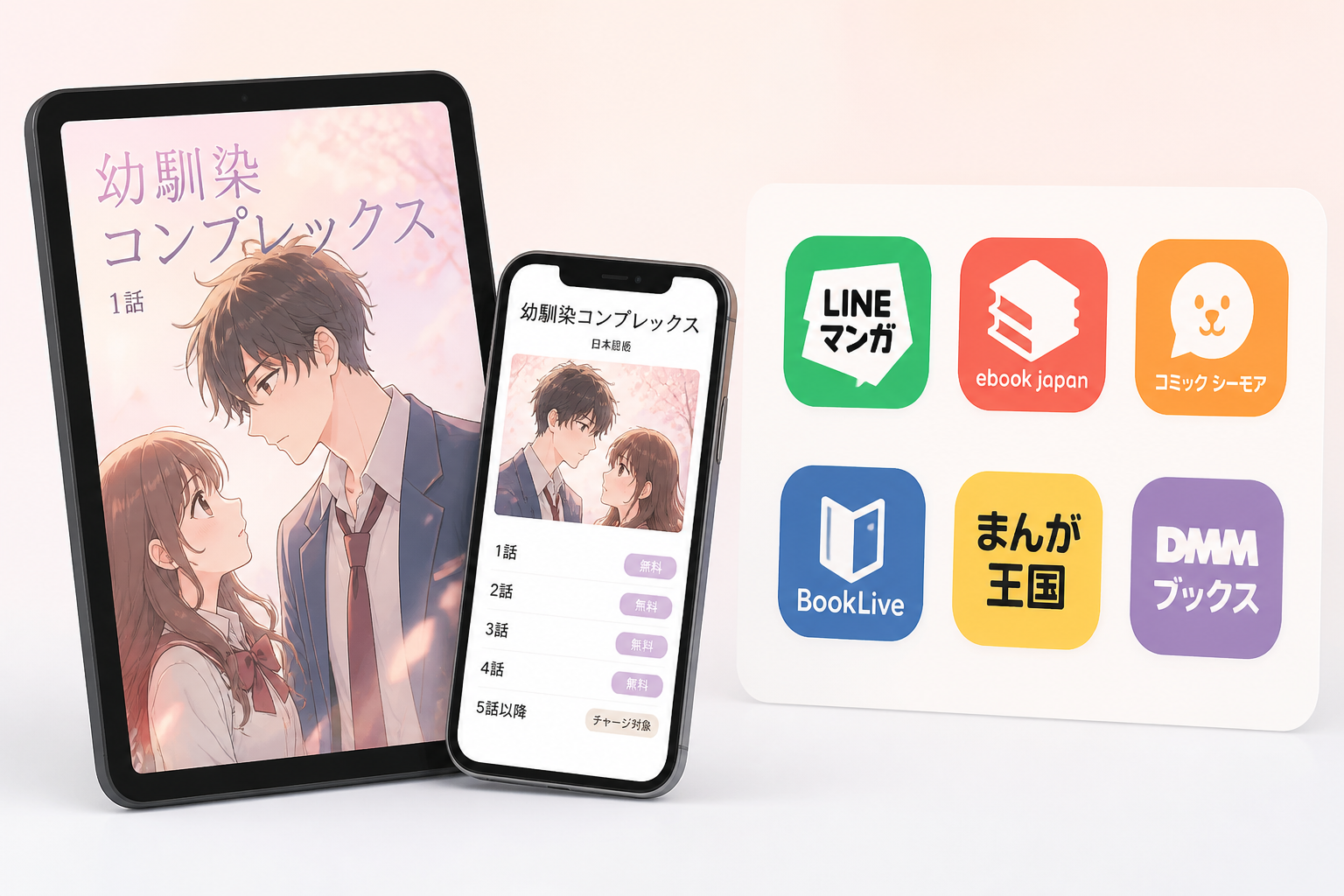 電子書籍端末やスマートフォンに表示されたマンガの表紙風イラストと配信サービス一覧のイメージ