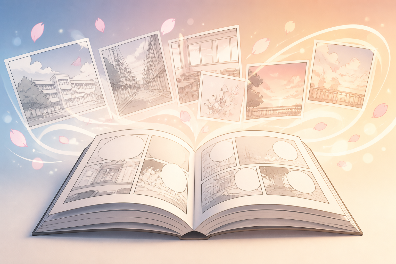 開かれた漫画の本と、ストーリーの展開をイメージさせるようなグラフィック演出の構図