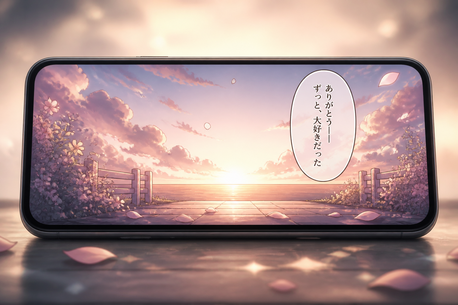 スマートフォンの画面に映る漫画のラストシーンを思わせる感動的な演出イラスト