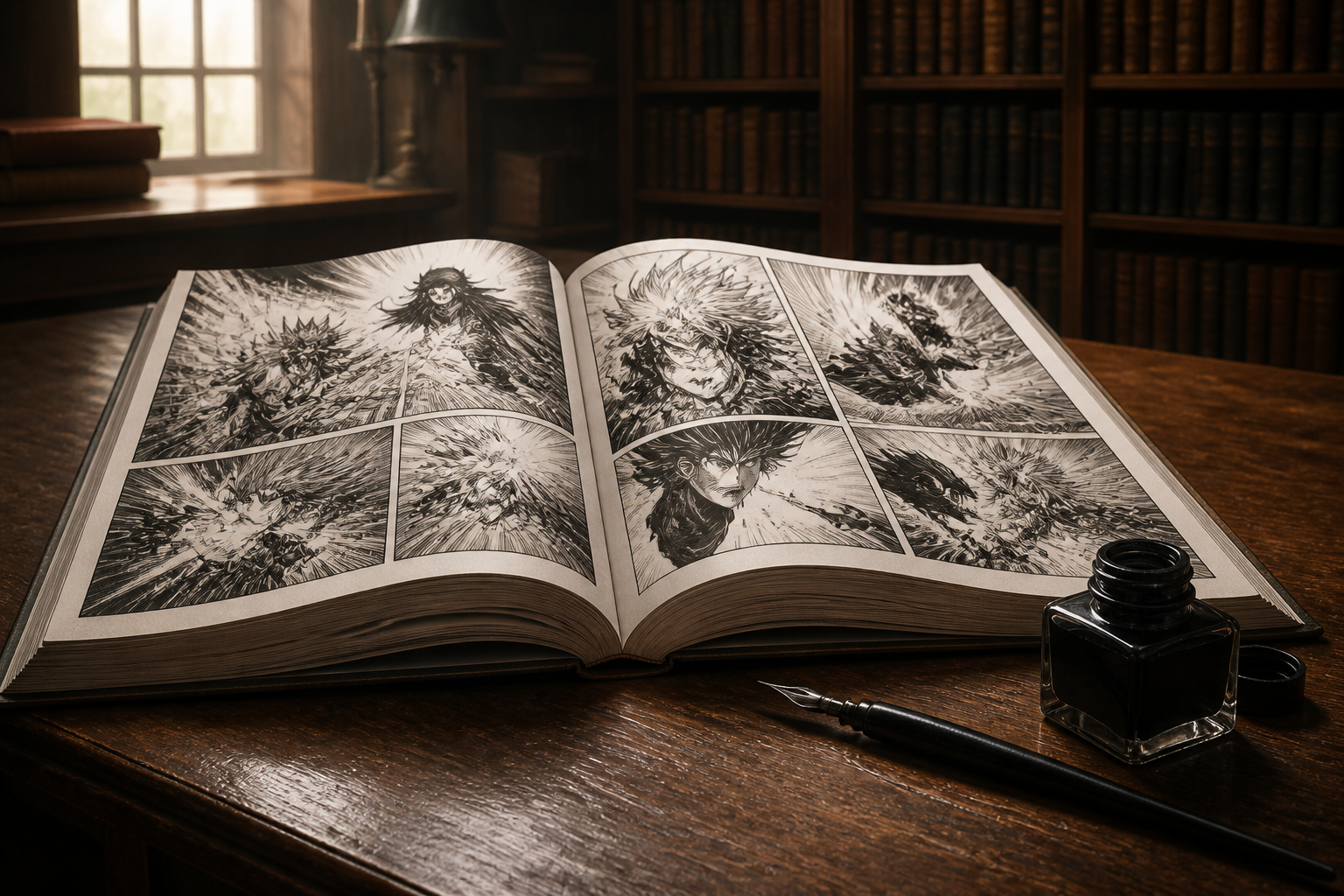 静かな図書室で開かれた大判の漫画雑誌とインクペン
