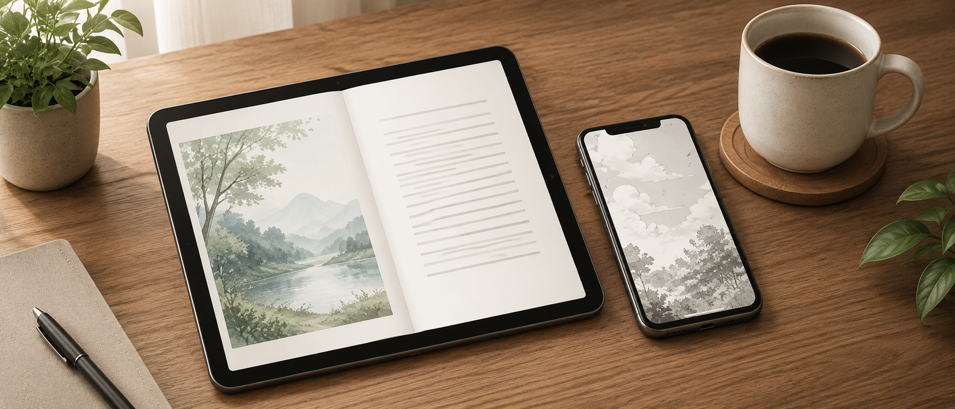 木製のデスクに置かれたタブレット端末とスマートフォン、横にはコーヒーカップが配置され、安全な電子書籍の閲覧環境を思わせる静物構図