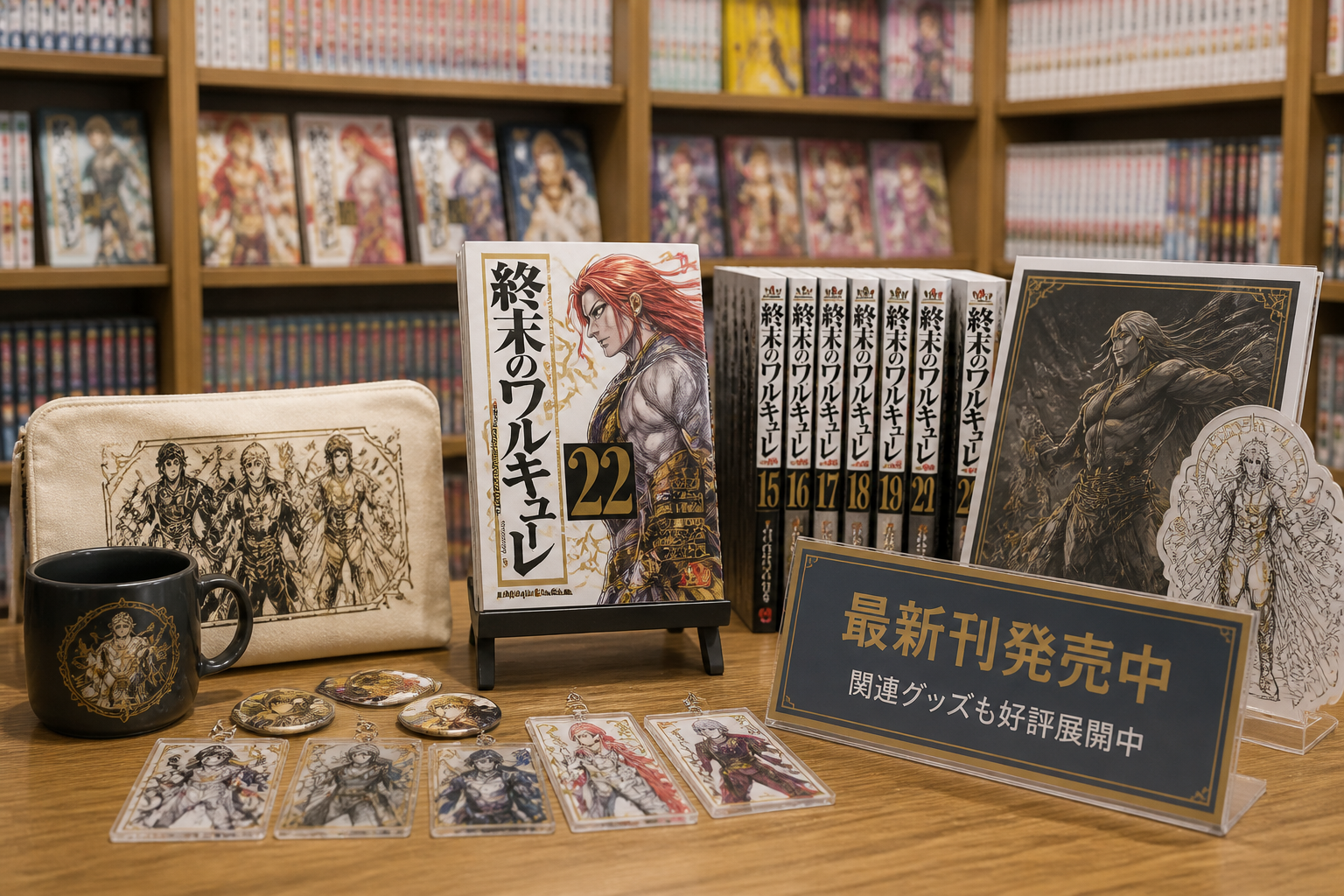 書店のコミックコーナーを模した背景で、最新刊のポップや関連グッズが整然と並べられ、正しい情報源から作品を楽しむ様子を表現した静物構図
