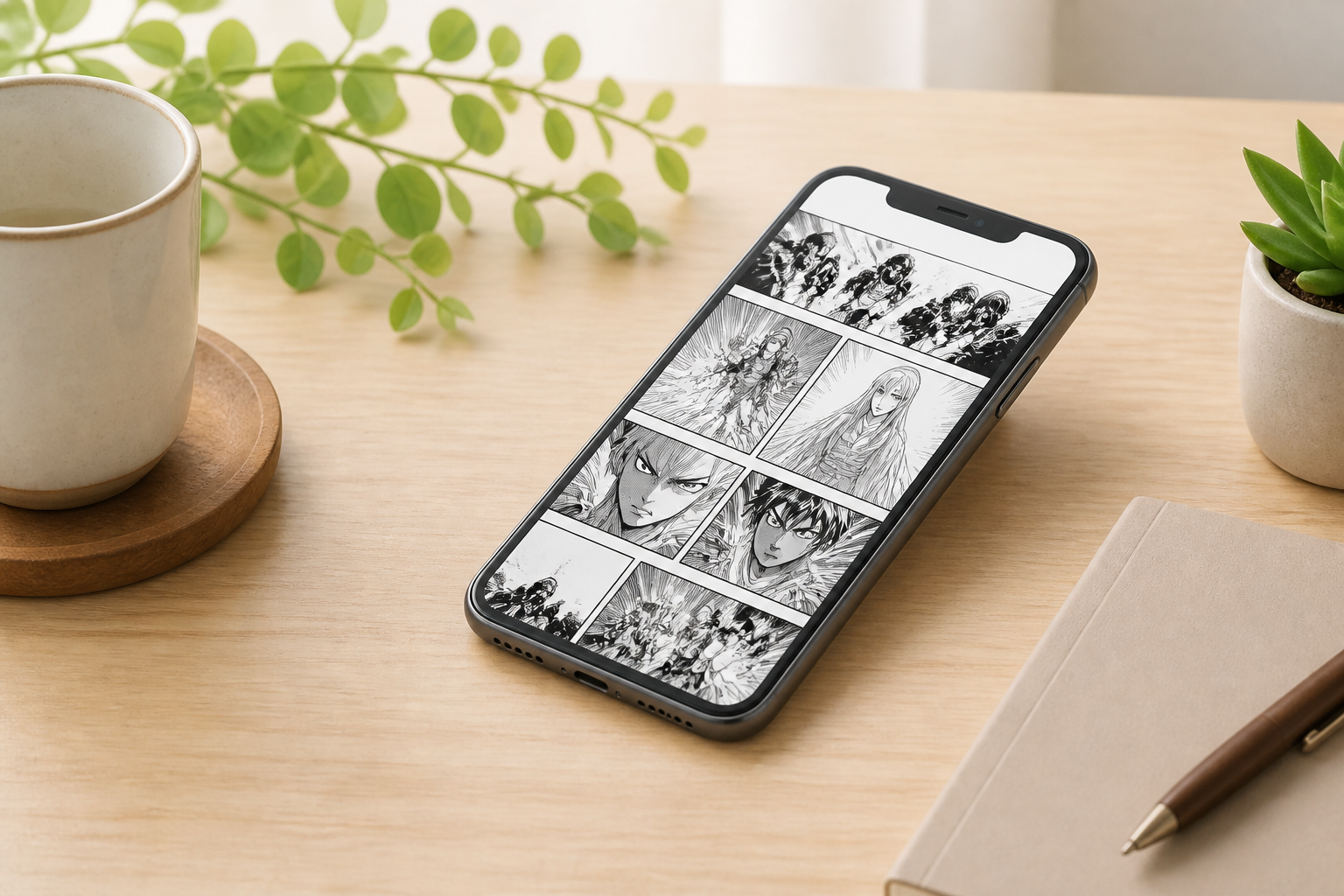 清潔なデスクの上で、スマートフォンを使用して正規の電子書籍ストアの画面を開き、安全に漫画を読んでいる手元の様子