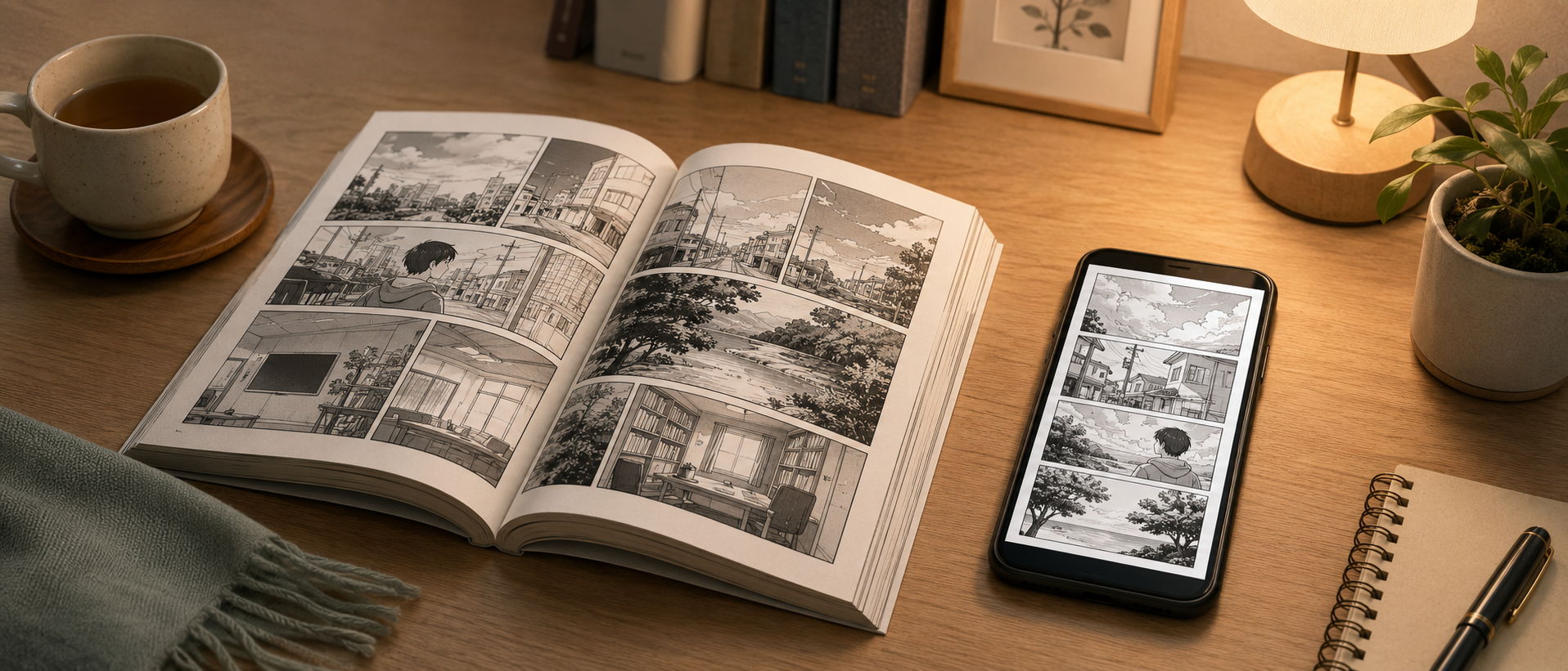 開かれた漫画雑誌とスマートフォンの画面が並び、正規の電子書籍サービスを安全に利用している落ち着いた読書空間