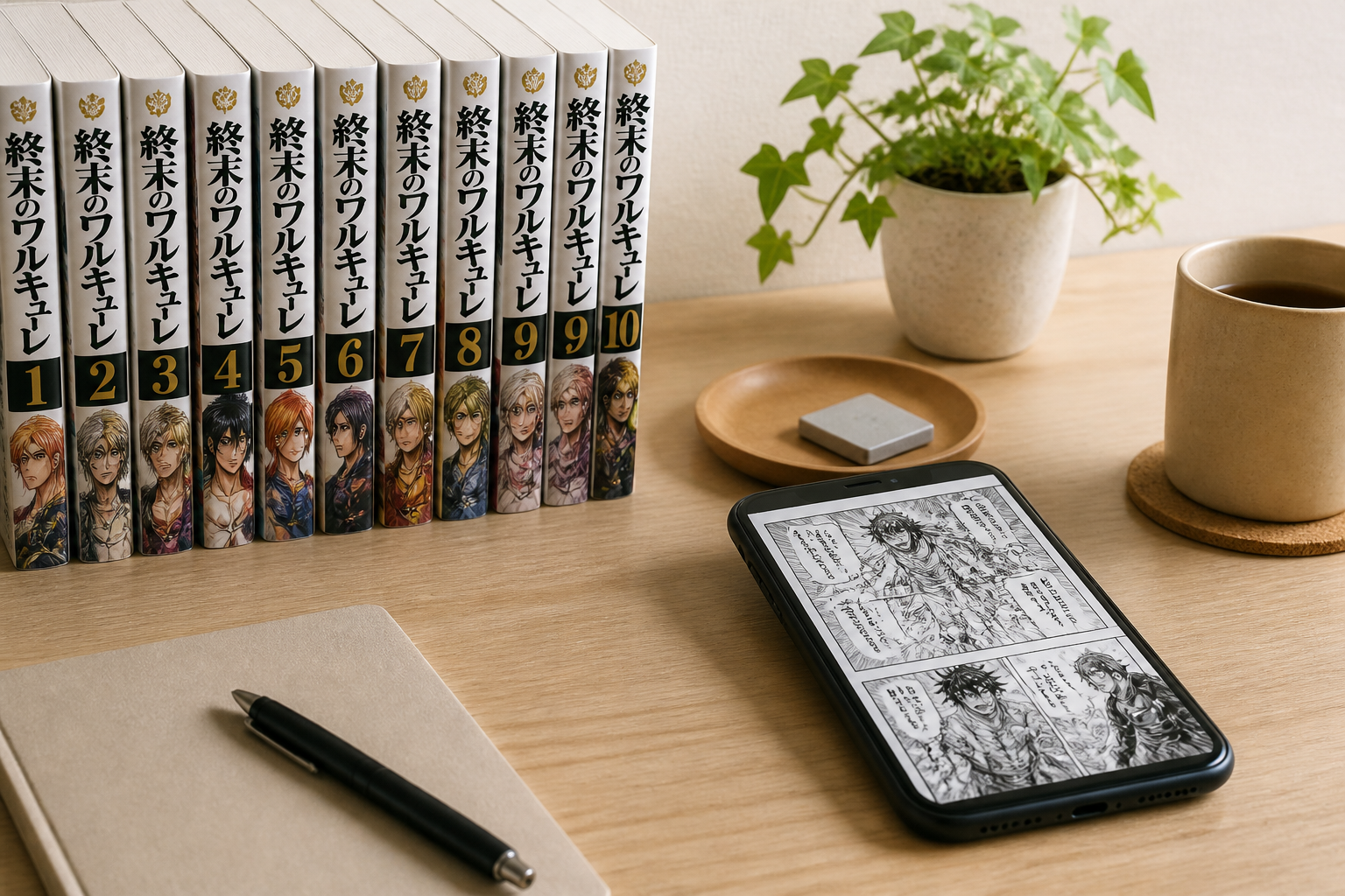 終末のワルキューレのコミックスとスマートフォンが整然と置かれたデスクで、安全な読書環境が完成している様子